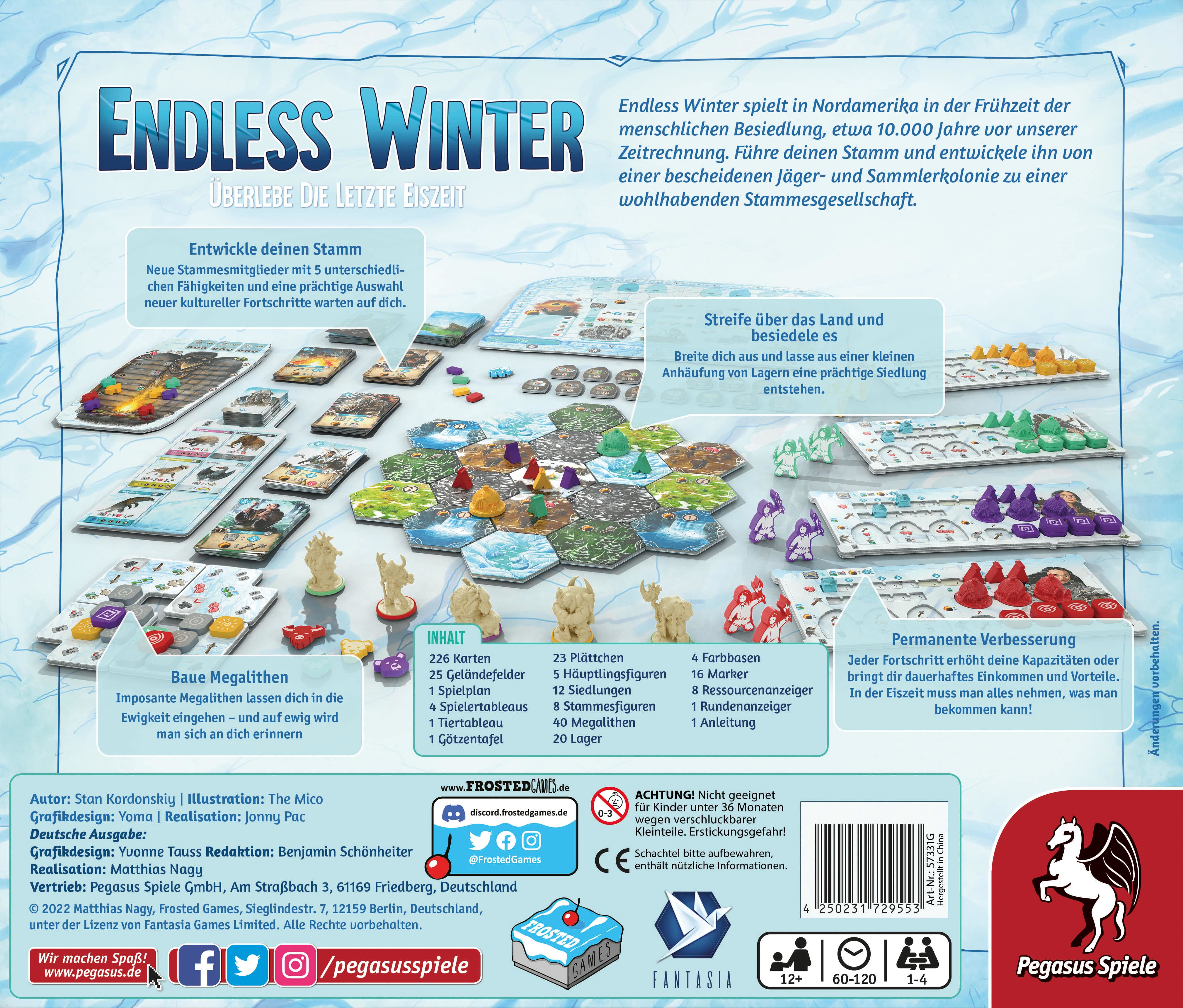 Eine Spielbox mit einer verschneiten Landschaft. Sie hat Spielsteine und eine Karte mit Text.