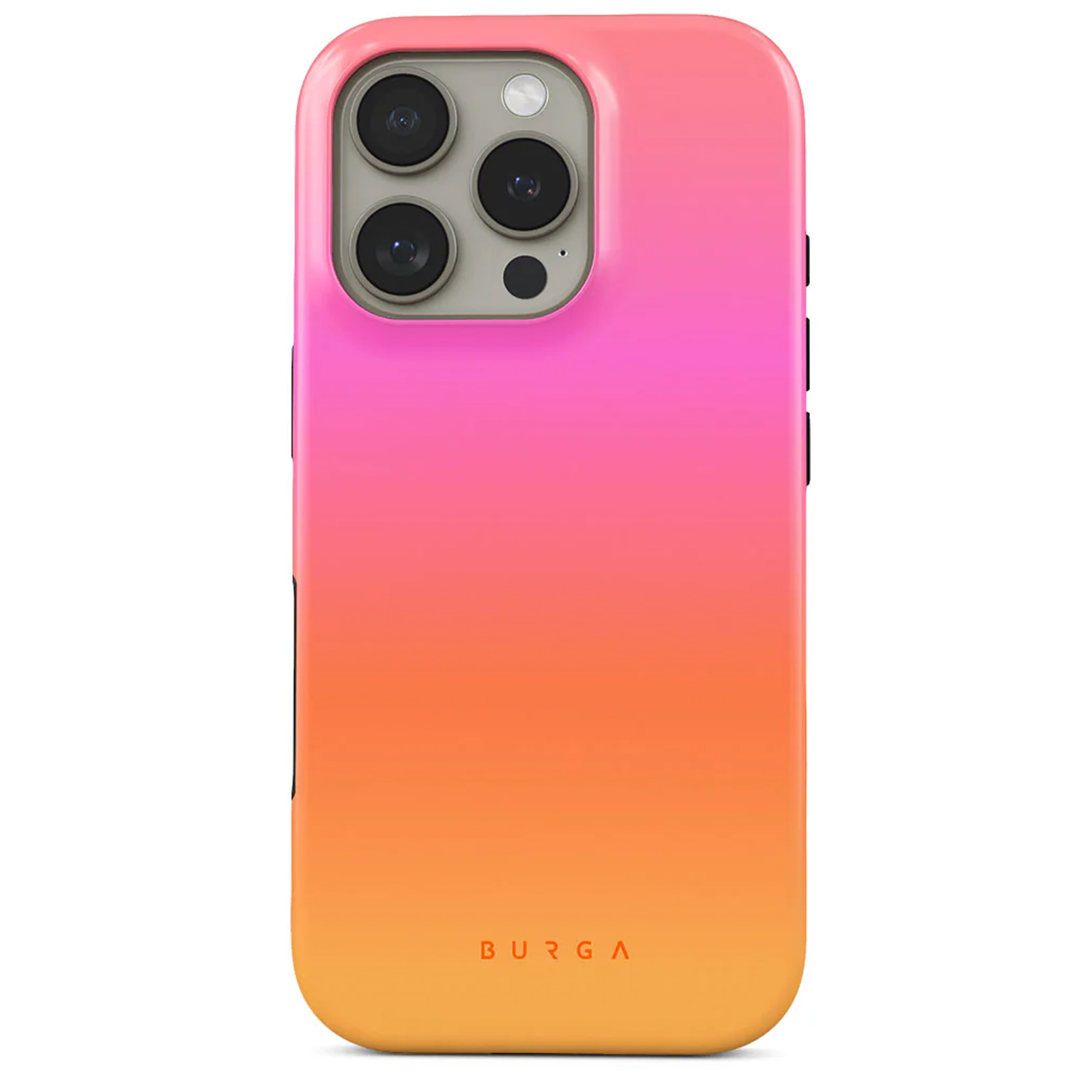 Coque de téléphone dégradé rose à orange. La marque 'BURGA' est imprimée en bas.