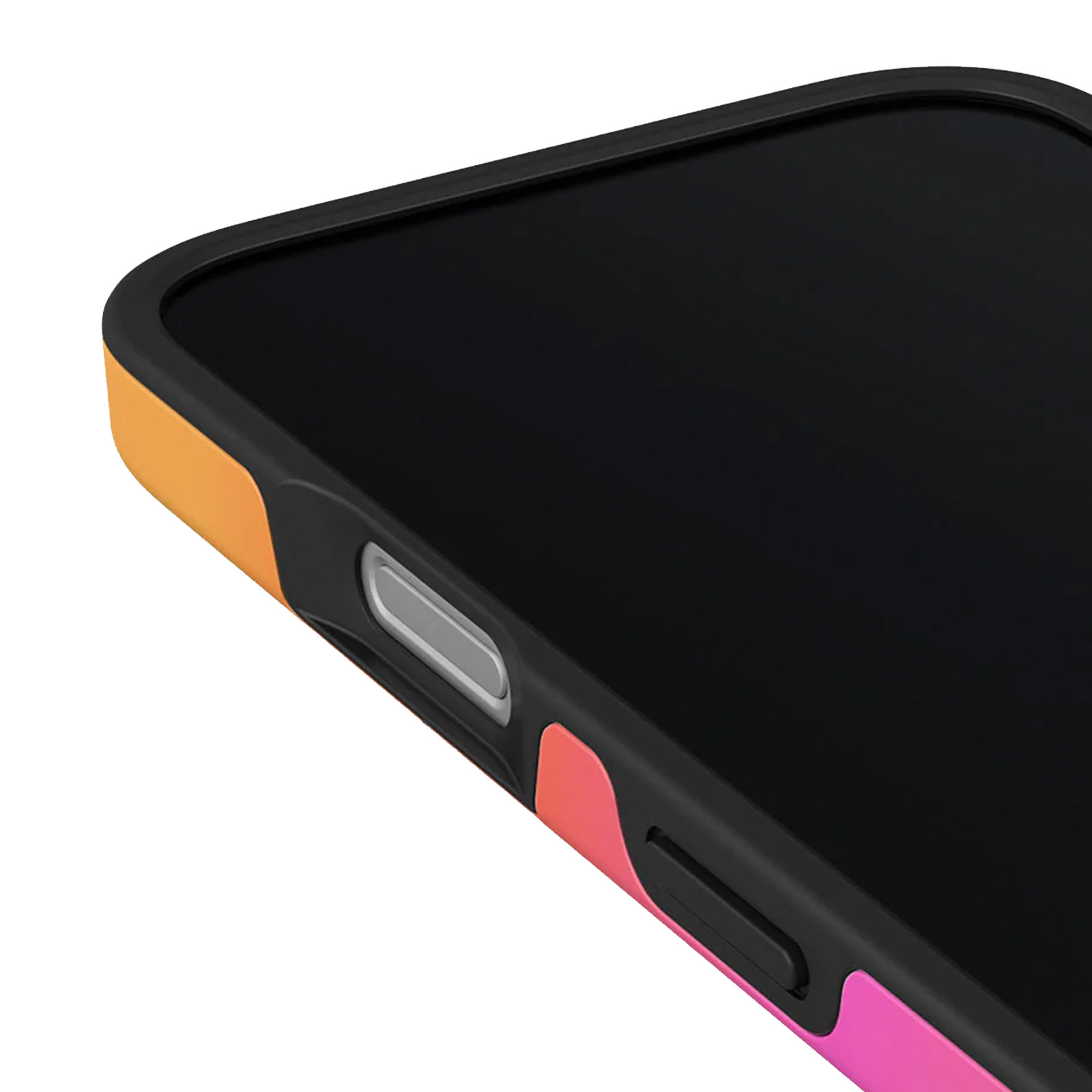 Gros plan sur un smartphone avec un étui coloré. Les bords sont orange, rose et noir.