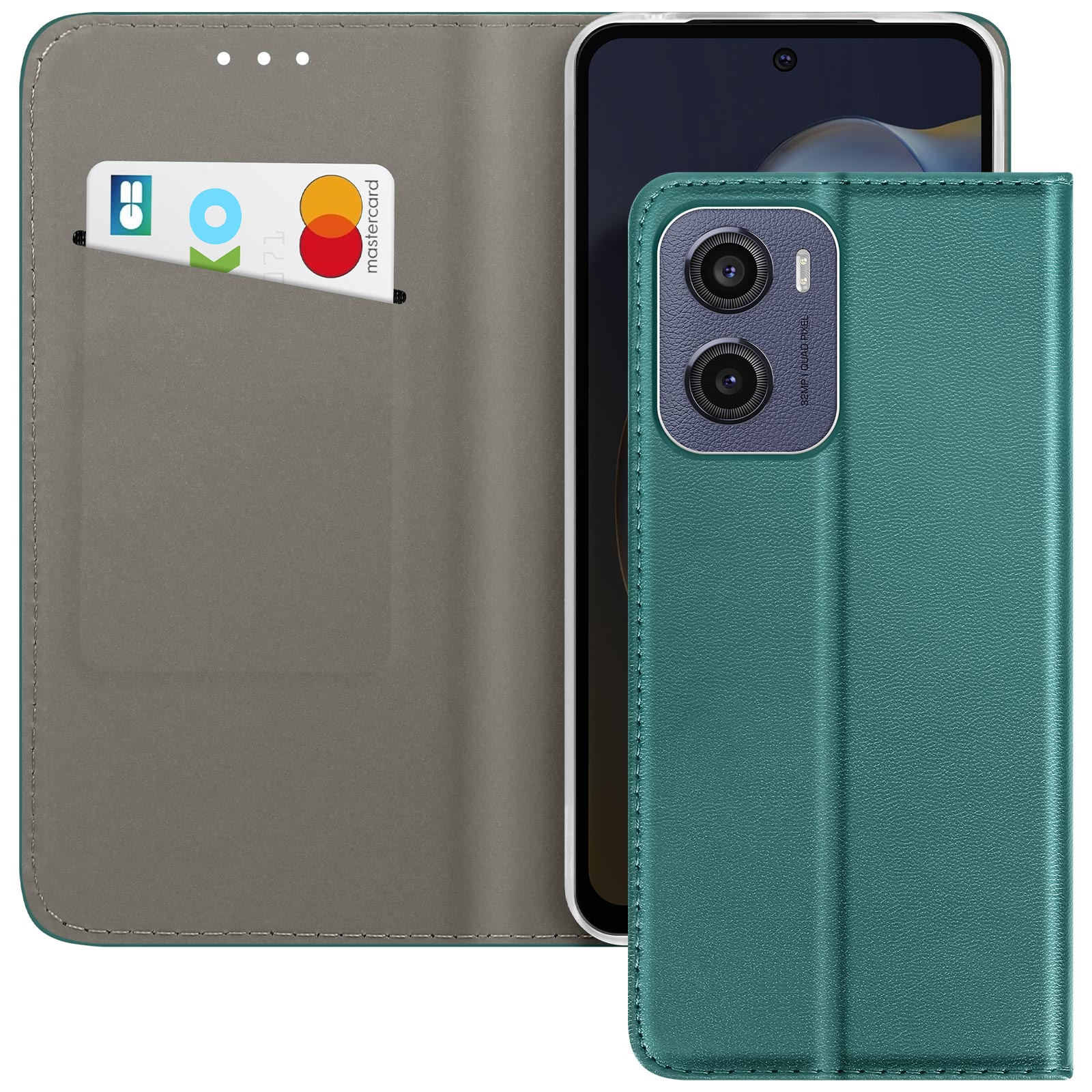 Custodia verde per telefono con carta di credito all'interno. Il telefono mostra la fotocamera e lo schermo.
