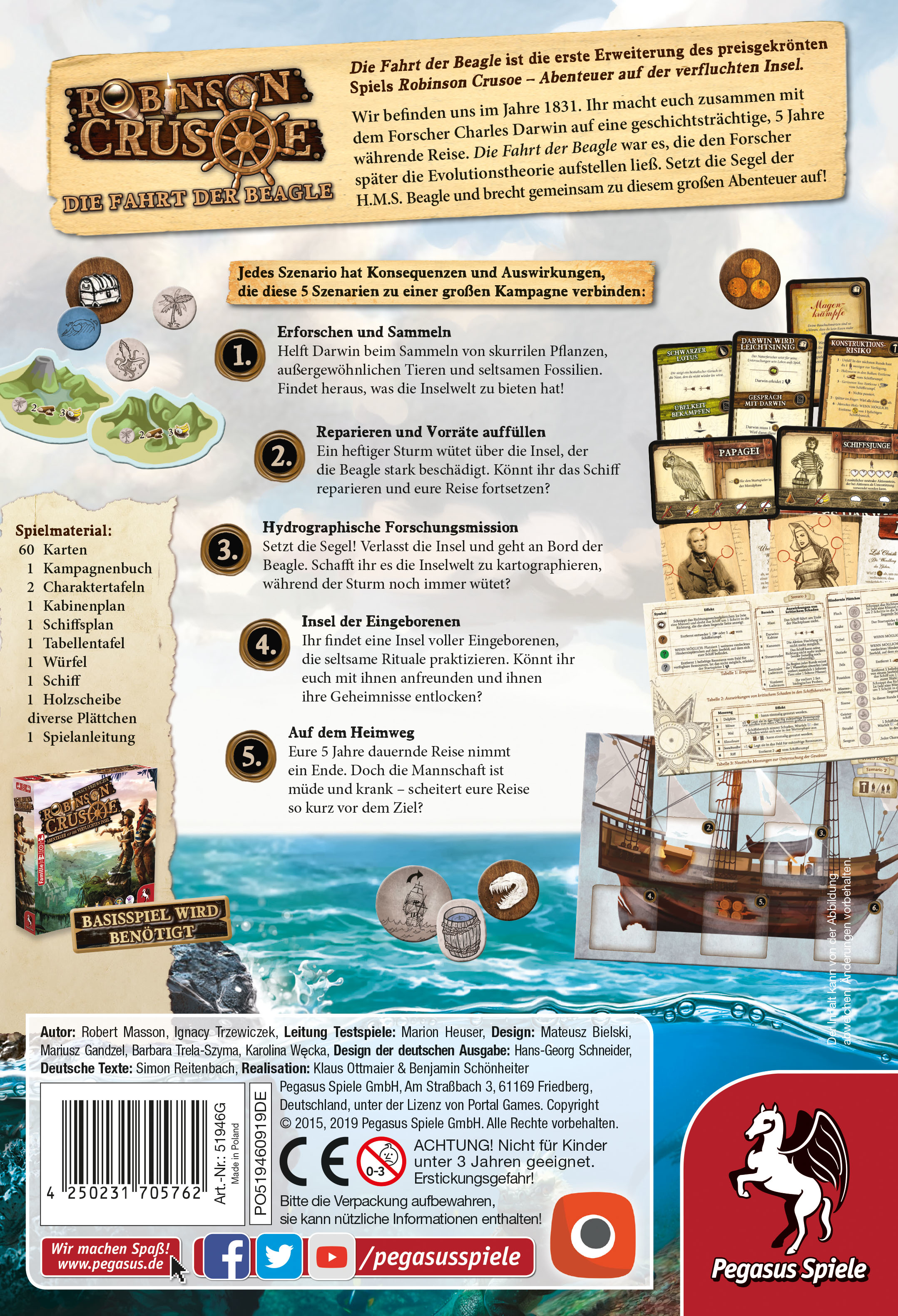 Die Rückseite einer Brettspielbox mit Text und Illustrationen eines Schiffes und einer Insel.