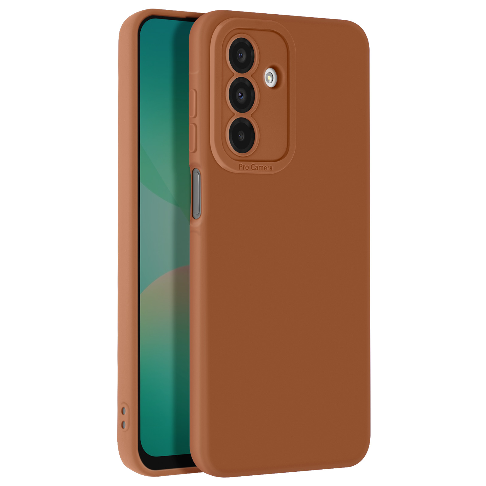 Custodia per telefono marrone con sporgenza della fotocamera. Il telefono è dentro. La custodia copre il telefono.