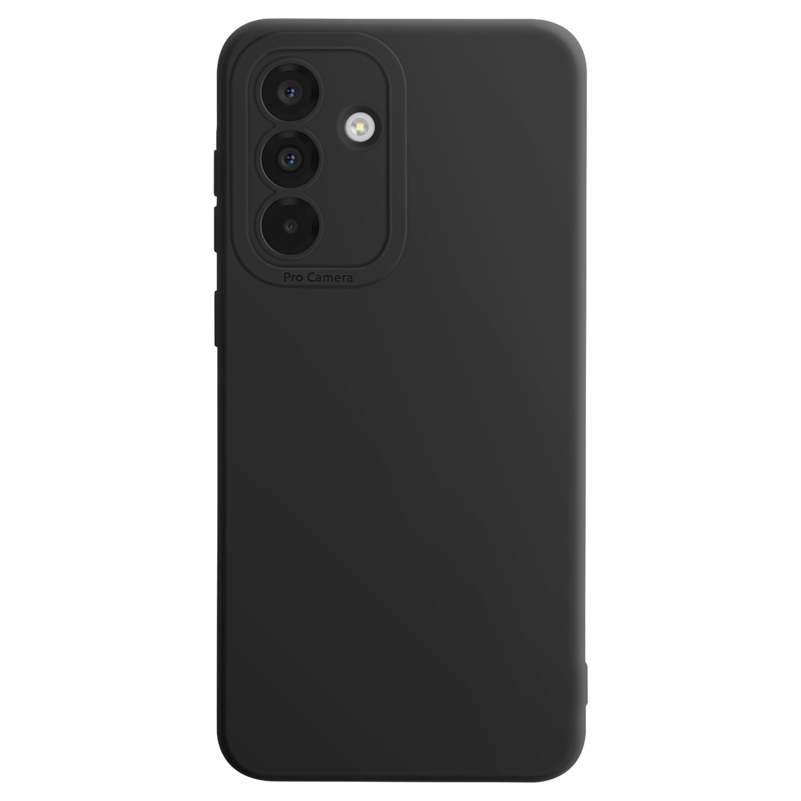 Zwarte telefoonhoes. Het heeft een camera-uitstulping met de woorden 'Pro Camera'.