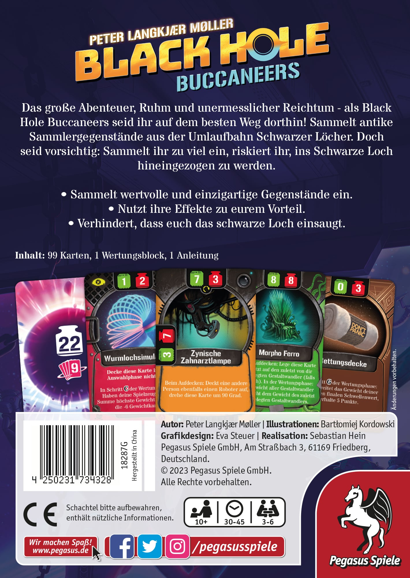 Brettspielbox mit Kartenspielkomponenten. Buntes Design mit Karten und Text. Black Hole Buccaneers-Thema.