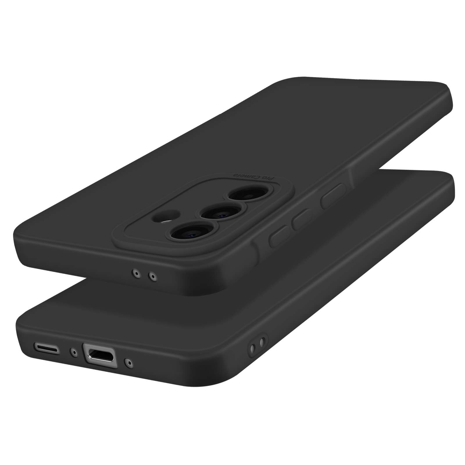Twee zwarte telefoonhoesjes zijn op elkaar gestapeld. Eén toont de camera-uitsparingen en de andere ligt onderaan.