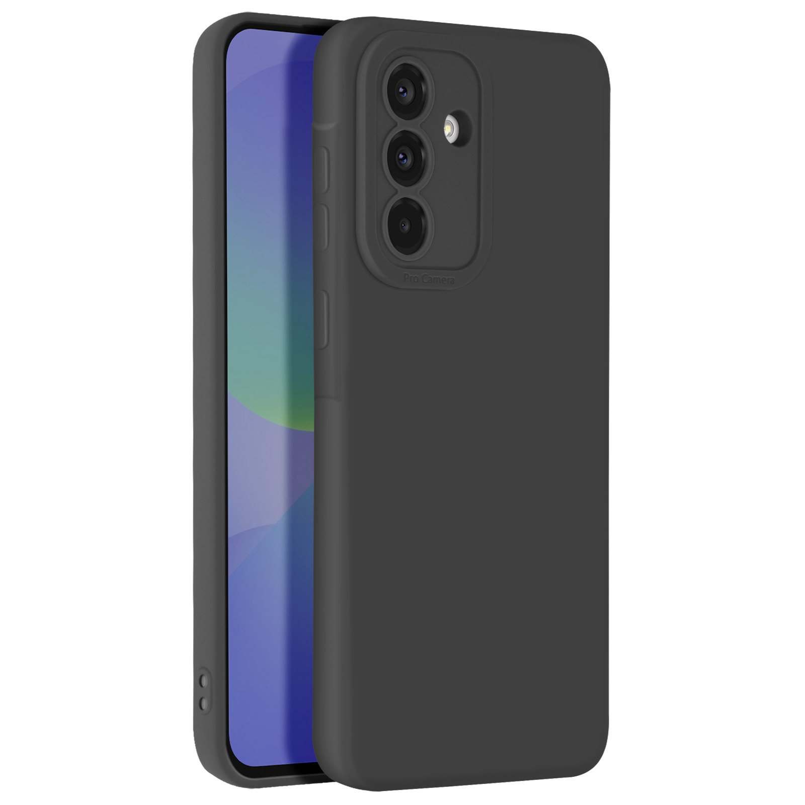 Zwarte telefoonhoes met drie cameralenzen op de achterkant, met een telefoon.
