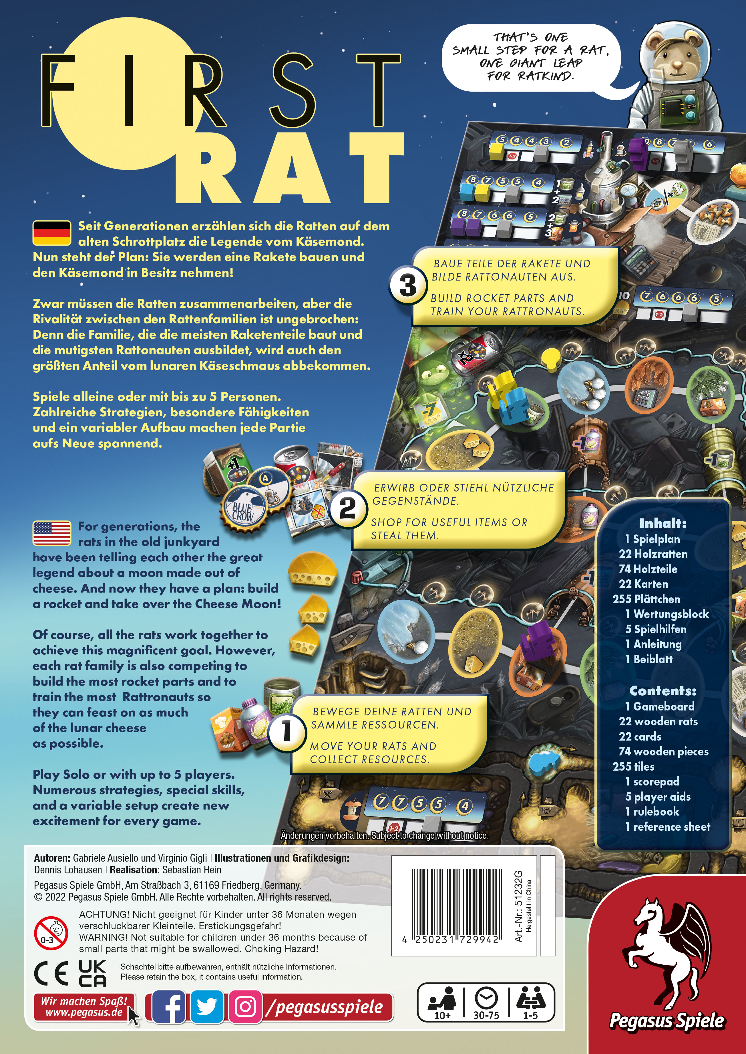 Brettspielbox mit englischem und deutschem Text. Illustrationen einer Ratte und Käse.