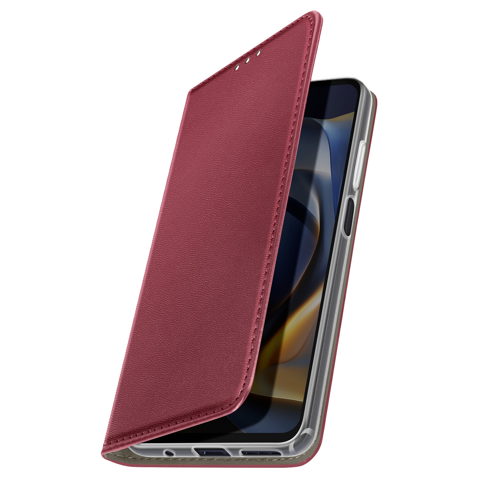 Custodia rossa con flip cover, aperta per rivelare lo schermo del telefono. Isolato.
