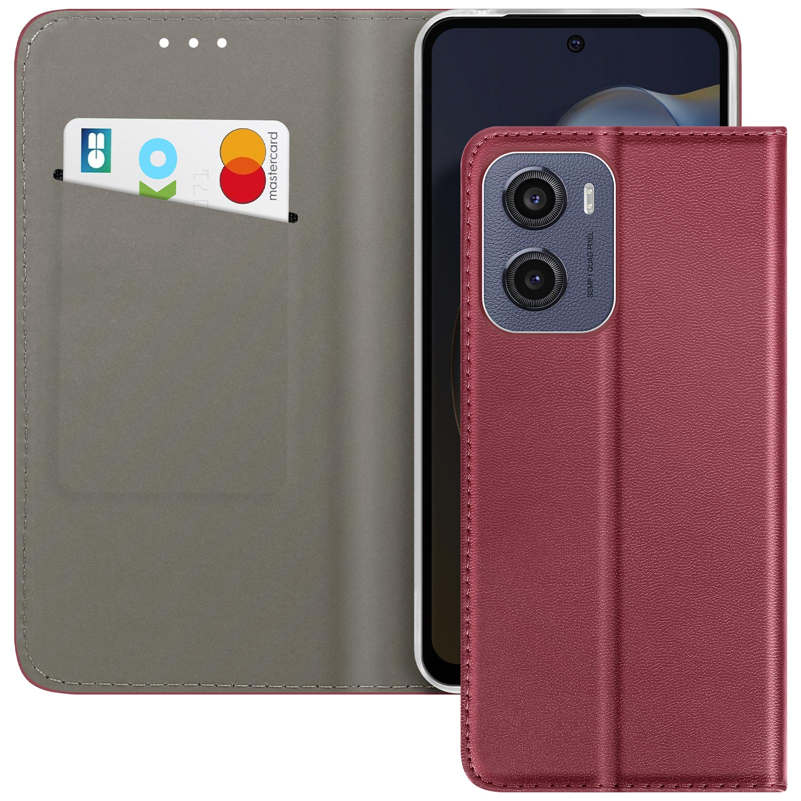 Custodia per telefono rossa con fessure per carte e denaro, che copre un telefono.