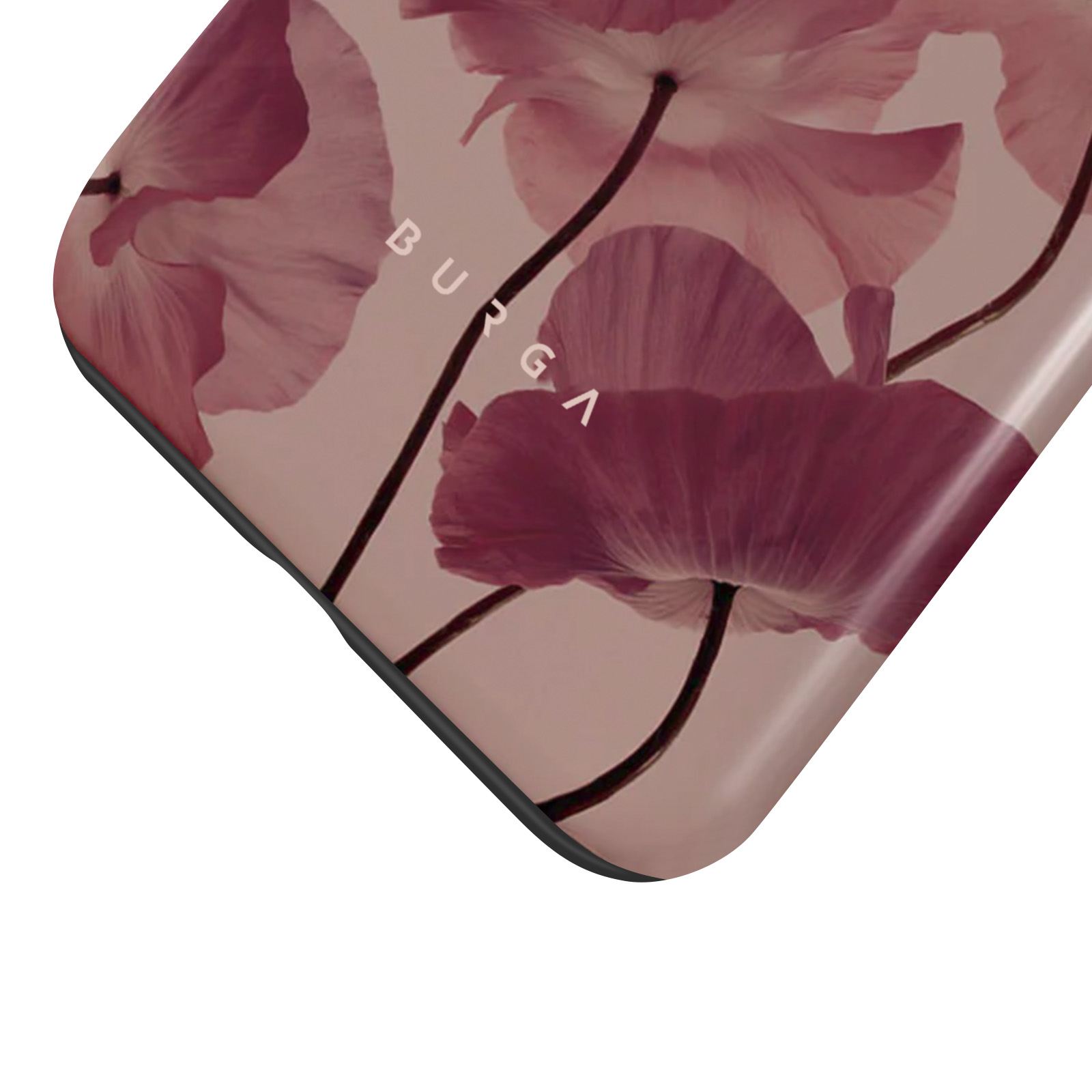 Nahaufnahme einer Handyhülle mit floralem Design. Die Blumen sind rosa, und die Hülle ist hellrosa.