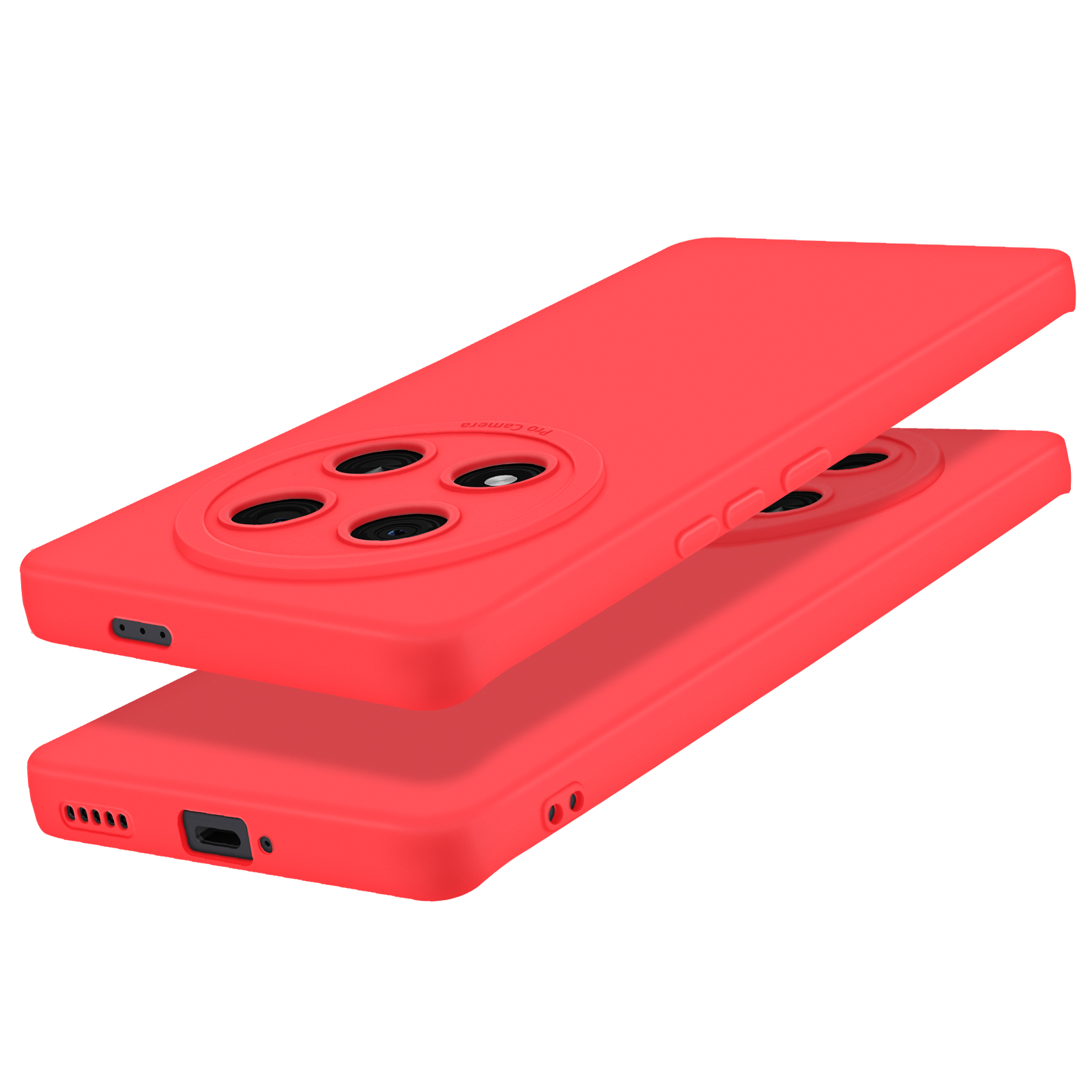 Una custodia per telefono rossa con quattro fori per fotocamera e un'area rialzata.