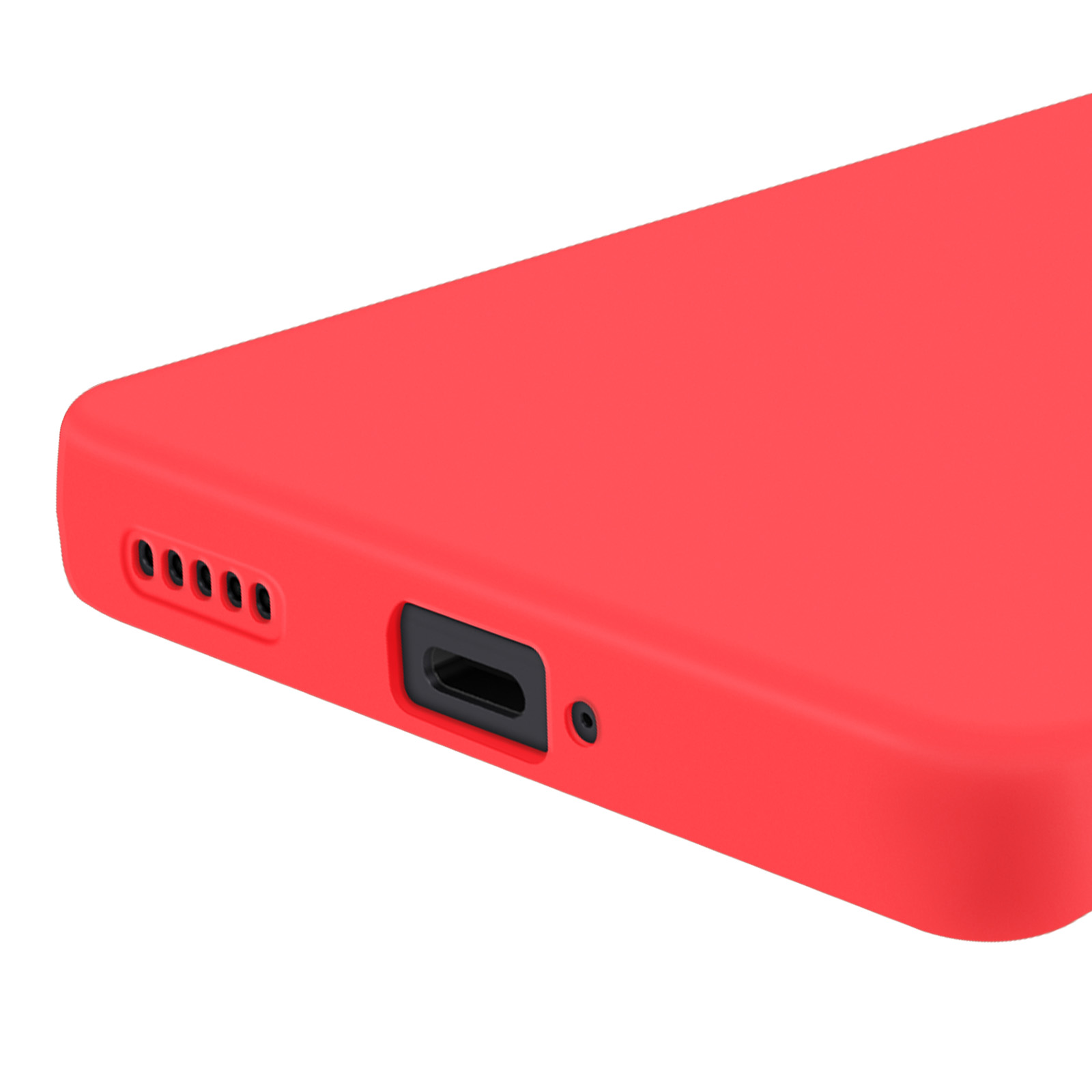 Un primo piano di una custodia rossa per telefono che mostra la parte inferiore con una porta di ricarica e altoparlanti.