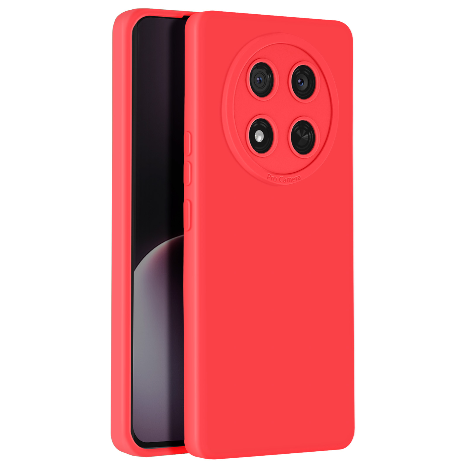 Custodia per telefono rossa con quattro fori per la fotocamera. Obiettivi neri. Sfondo bianco.