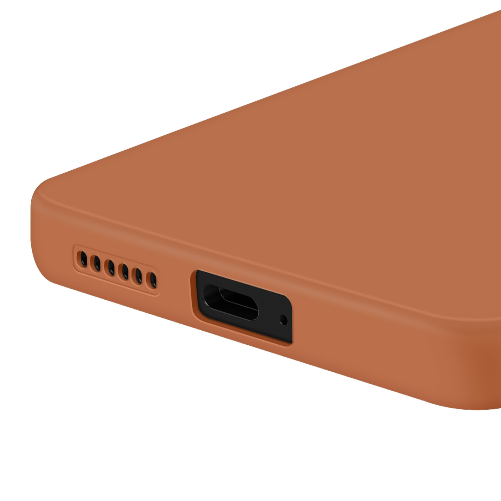 Primo piano di una custodia per telefono arancione con una porta di ricarica e fori per altoparlanti laterali.