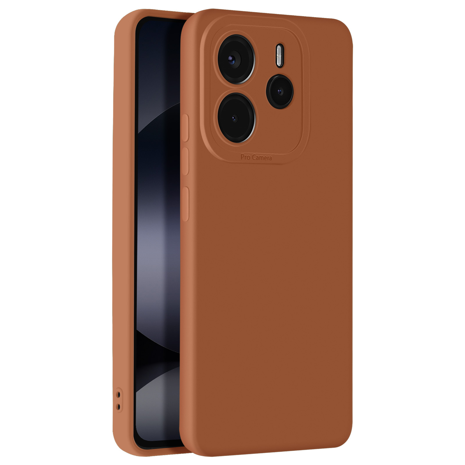 Una custodia per telefono marrone con ritagli per la fotocamera. È visibile lo schermo di un telefono.