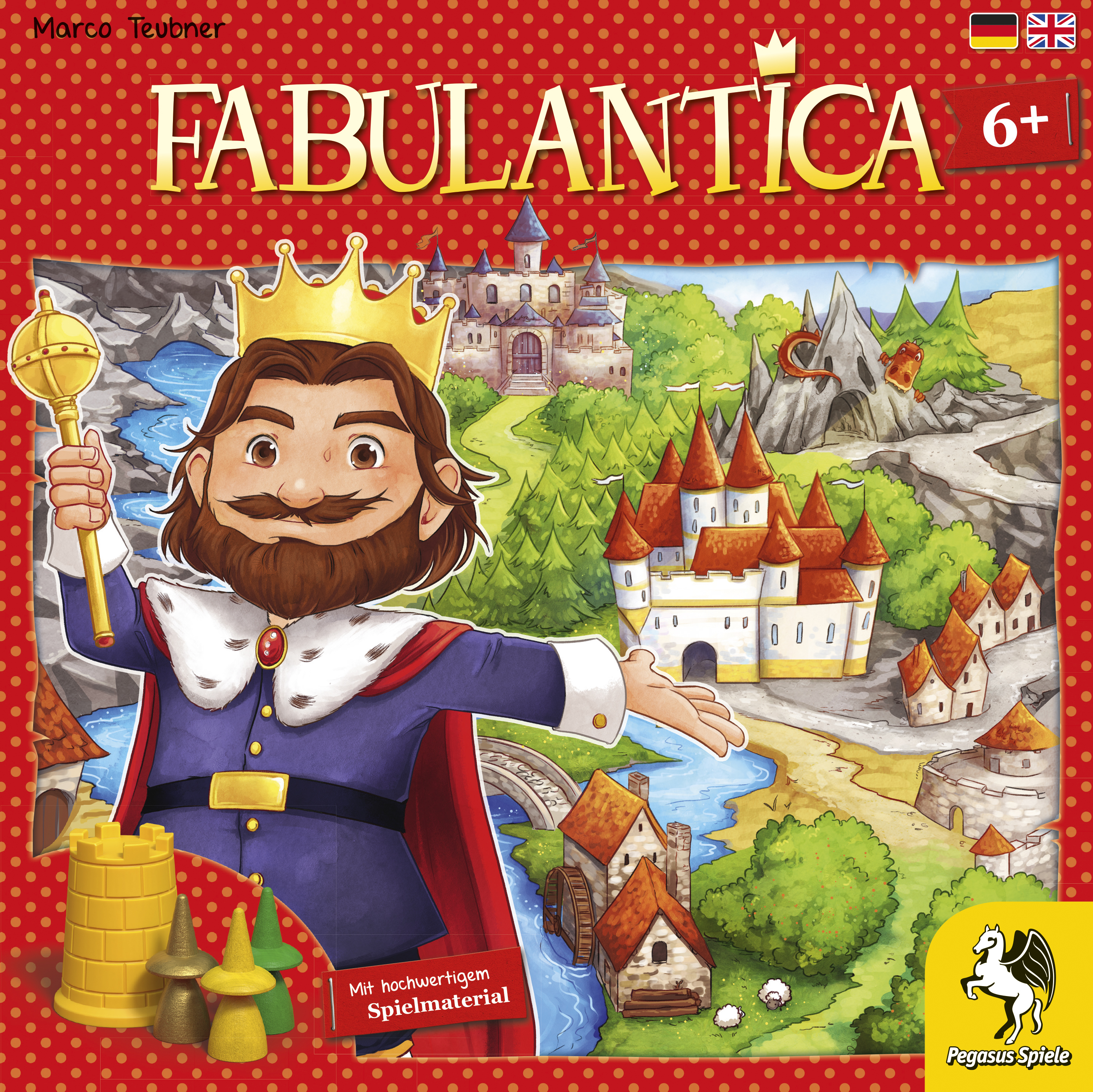 Eine Spielbox mit einem König auf der Vorderseite. Es gibt ein Schloss und eine bunte Landschaft.