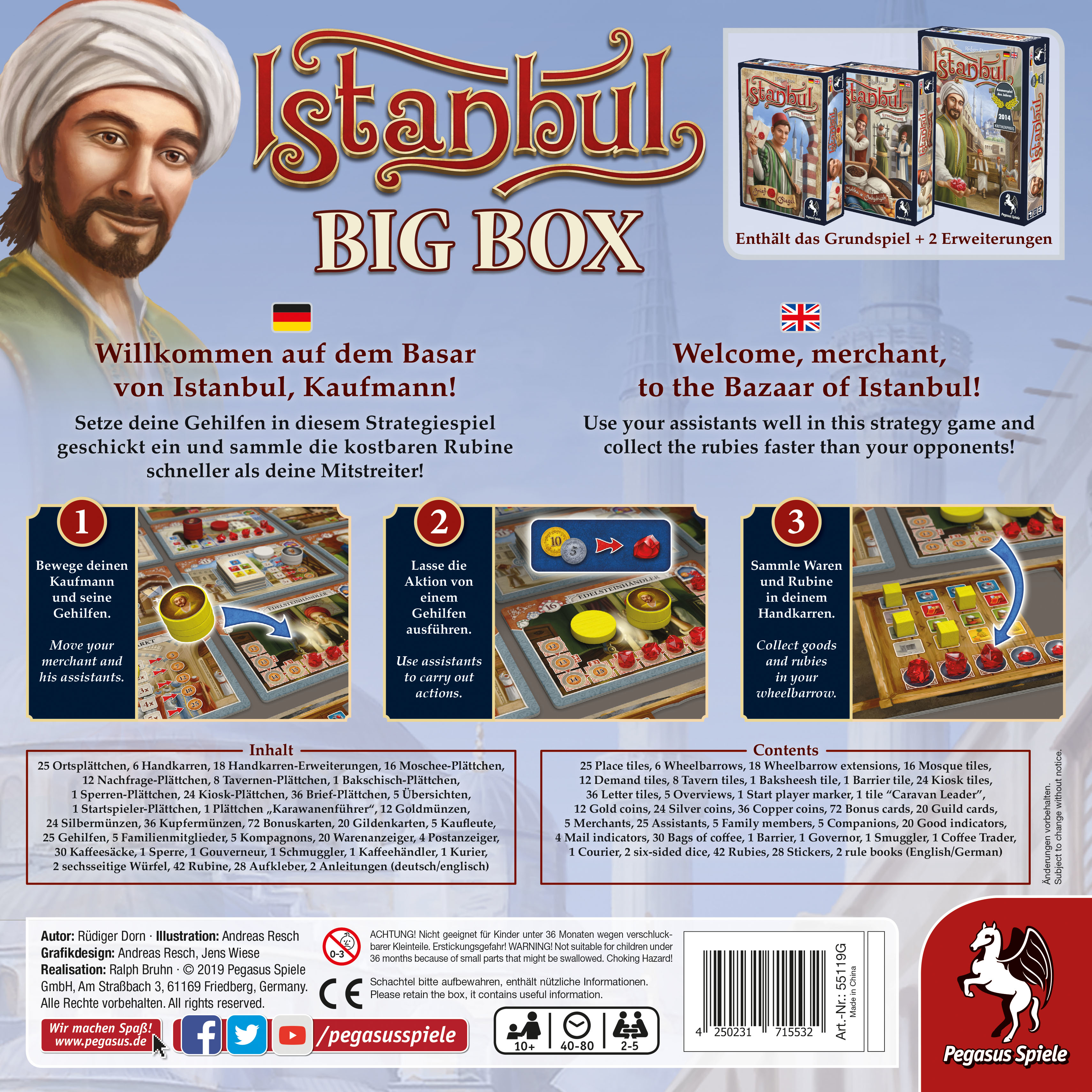 Caja de juego de mesa. Texto en alemán e inglés. Fondo blanco.