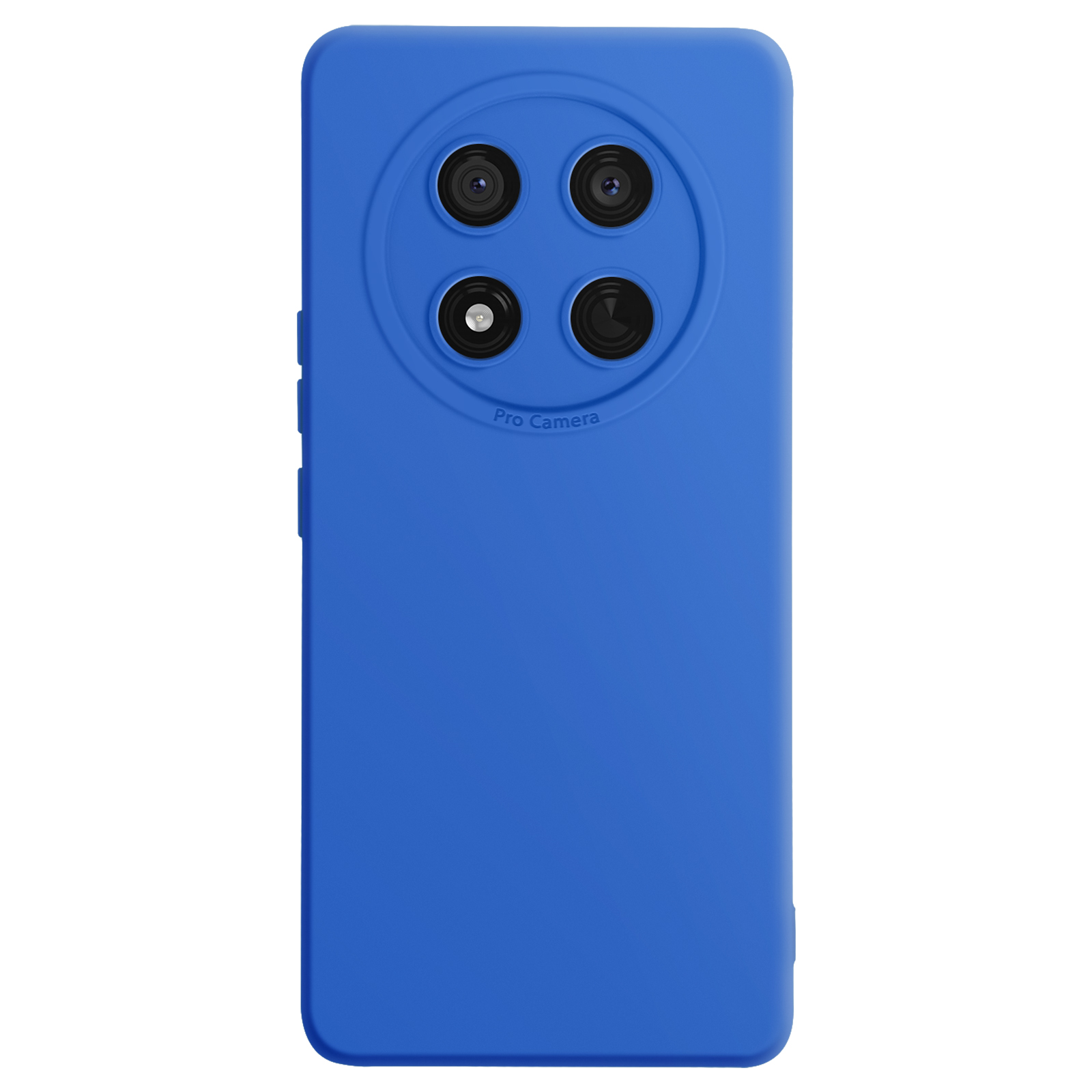 Custodia blu per telefono. Quattro obiettivi della fotocamera e un flash sul retro.