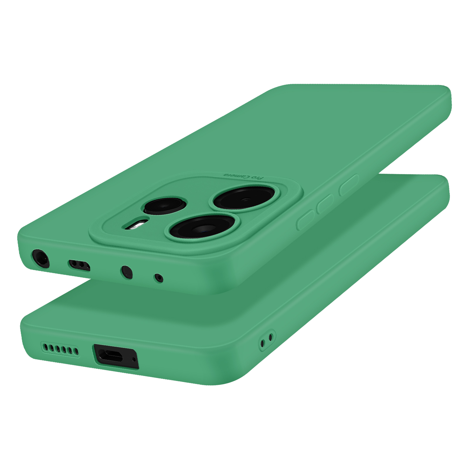 Due custodie verdi per telefono impilate l'una sull'altra. Le custodie hanno un ritaglio per la fotocamera. Verde pieno.