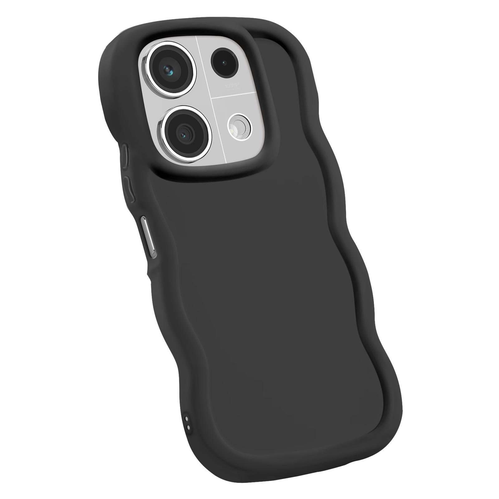 Custodia nera per telefono con un design a onda, che mostra la fotocamera. La custodia è curva e lucida.