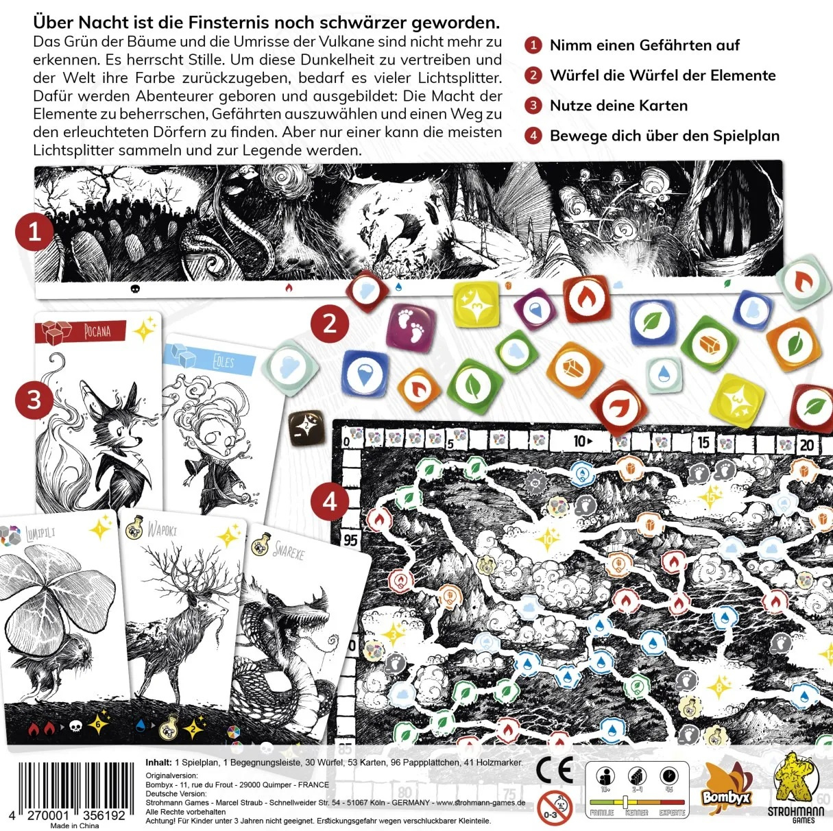 Brettspiel mit Fantasy-Kunst, Karten und einem Spielbrett mit einer dunklen, illustrierten Szene.