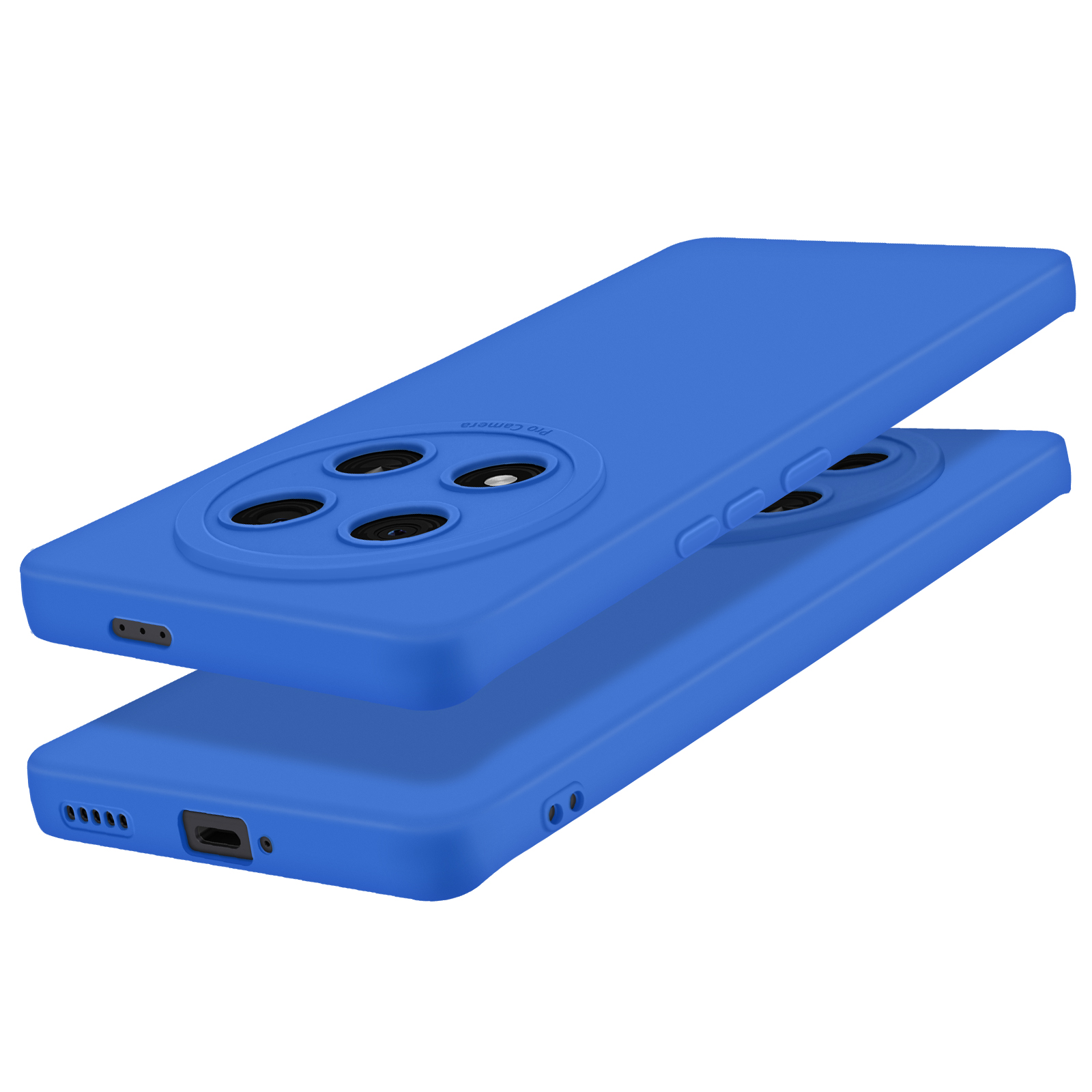 Custodia blu per telefono. Tre ritagli per fotocamera. Sfondo bianco. Due custodie, una sopra l'altra.