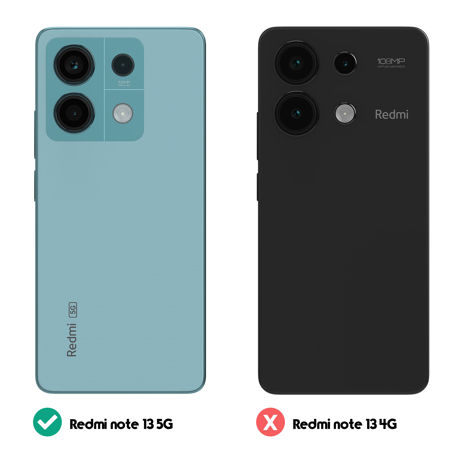 Due telefoni: uno verde acqua, uno nero. Il telefono verde acqua è Redmi note 13 5G.