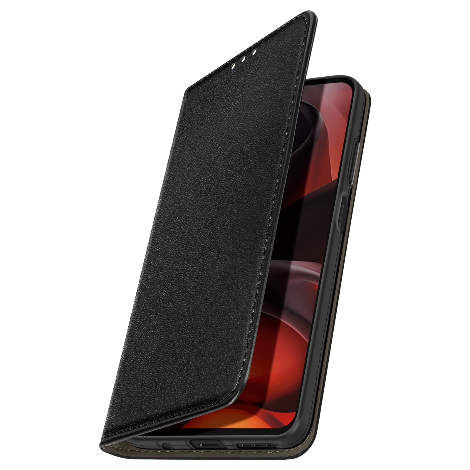 Custodia per telefono nera, aperta, che mostra un telefono all'interno. È in pelle e ha una chiusura magnetica.