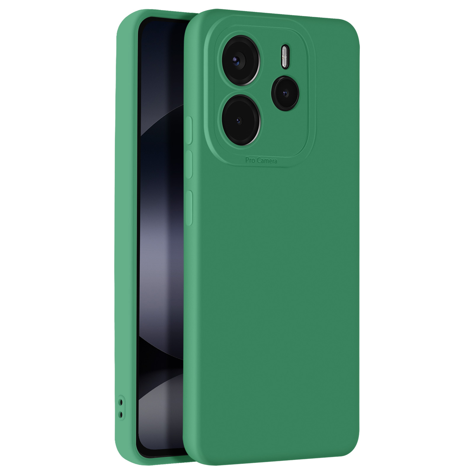 Custodia per telefono verde con più fotocamere e un'etichetta Pro Camera. La custodia è di colore verde pieno.