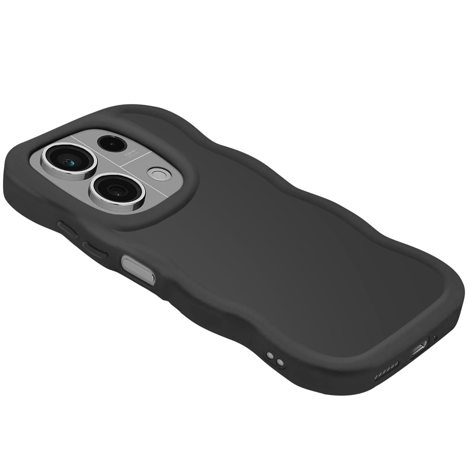 Custodia per telefono nera con design testurizzato a onda e fori per la fotocamera, vista angolata.