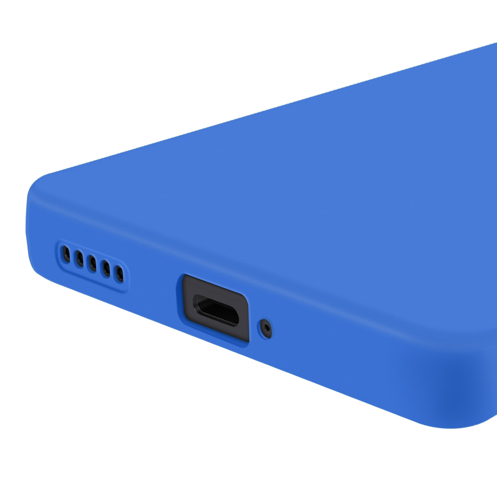 Primo piano di una custodia blu per telefono con porta di ricarica e fori per altoparlanti visibili.