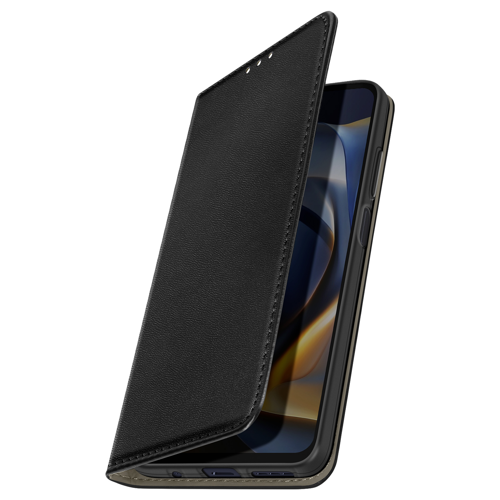 Custodia nera aperta, copre un telefono. Sono visibili i colori nero e verde.
