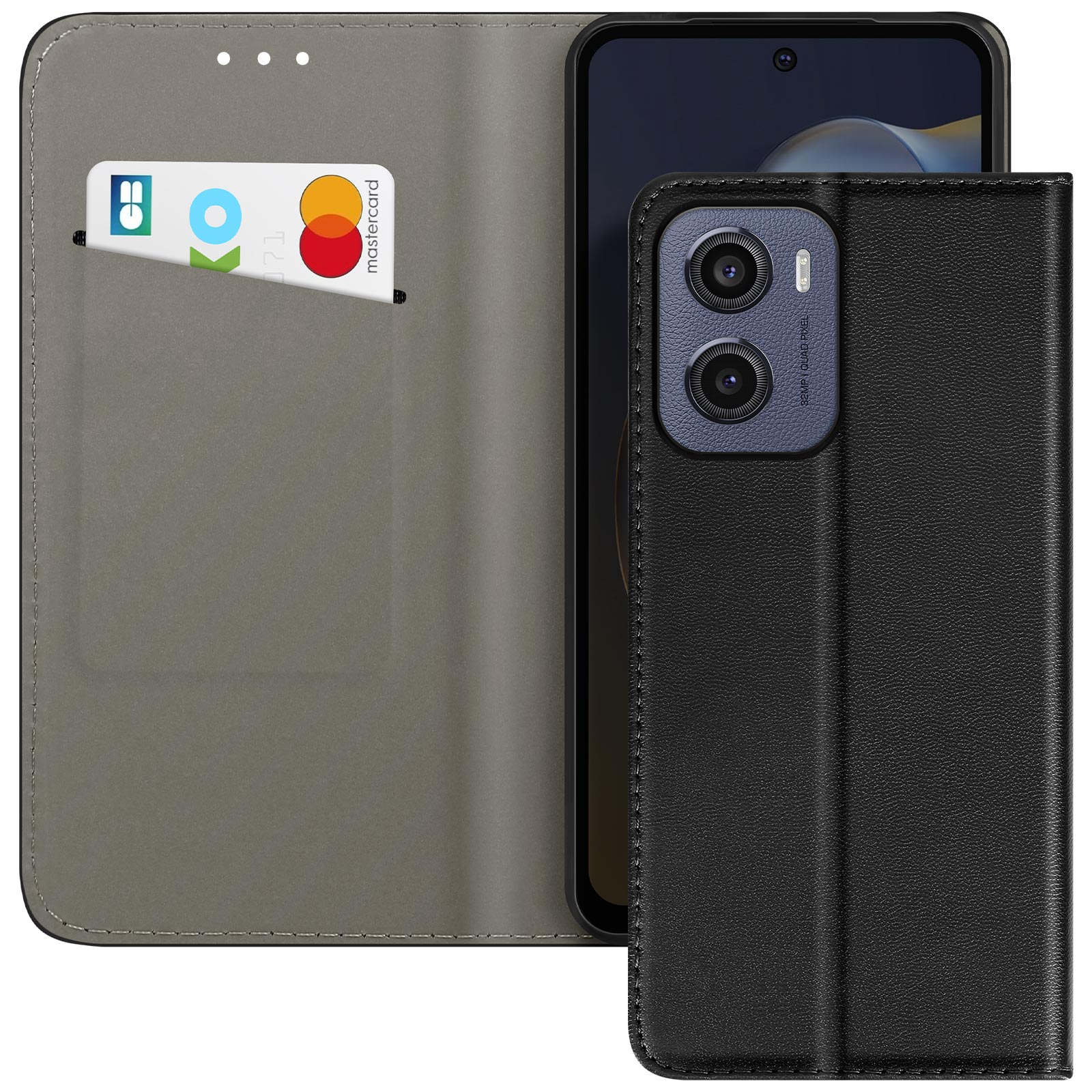 Custodia per telefono nera aperta, che rivela una carta di credito e un telefono. Sfondo grigio.