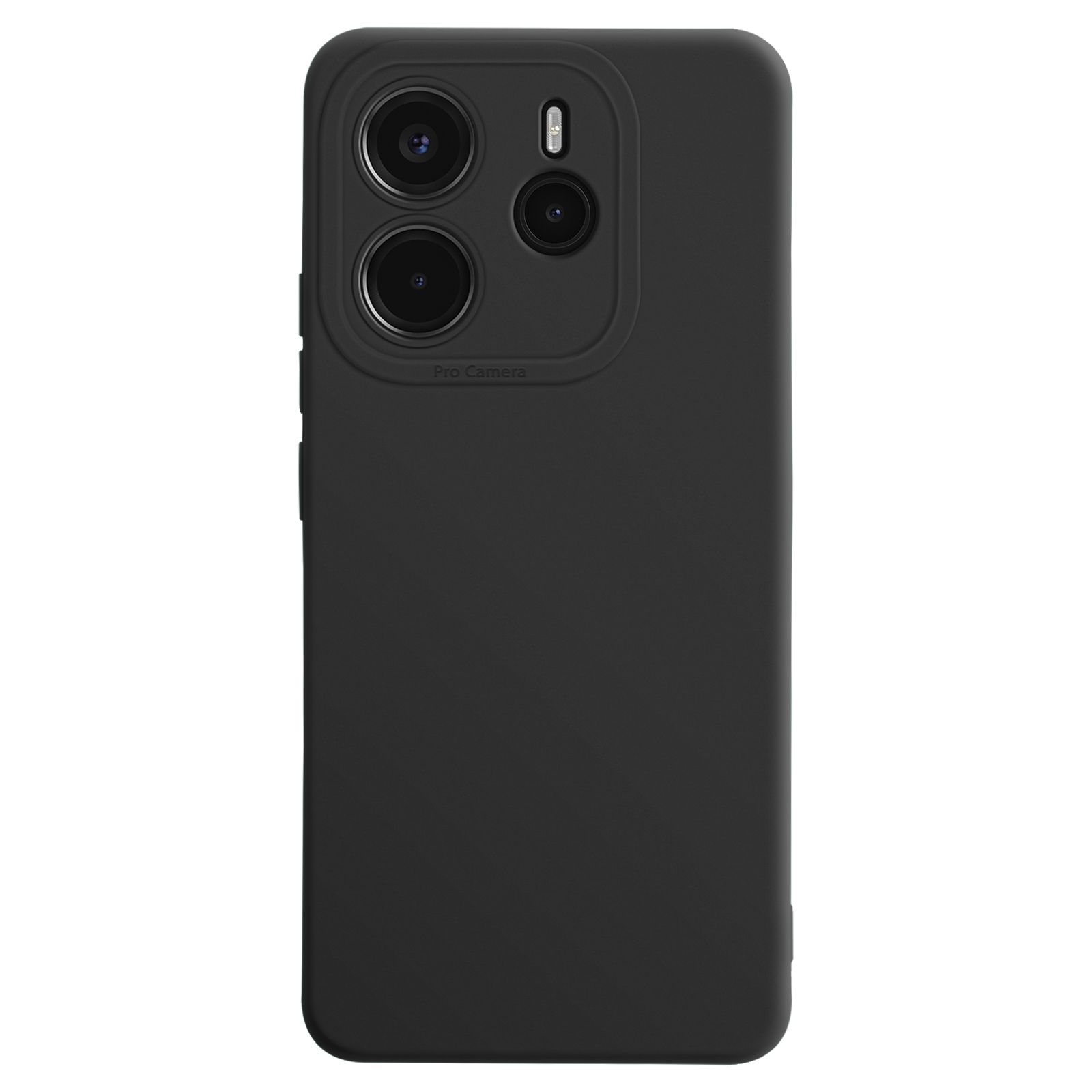 Coque de téléphone noire. La coque a trois objectifs d'appareil photo. Fond blanc.