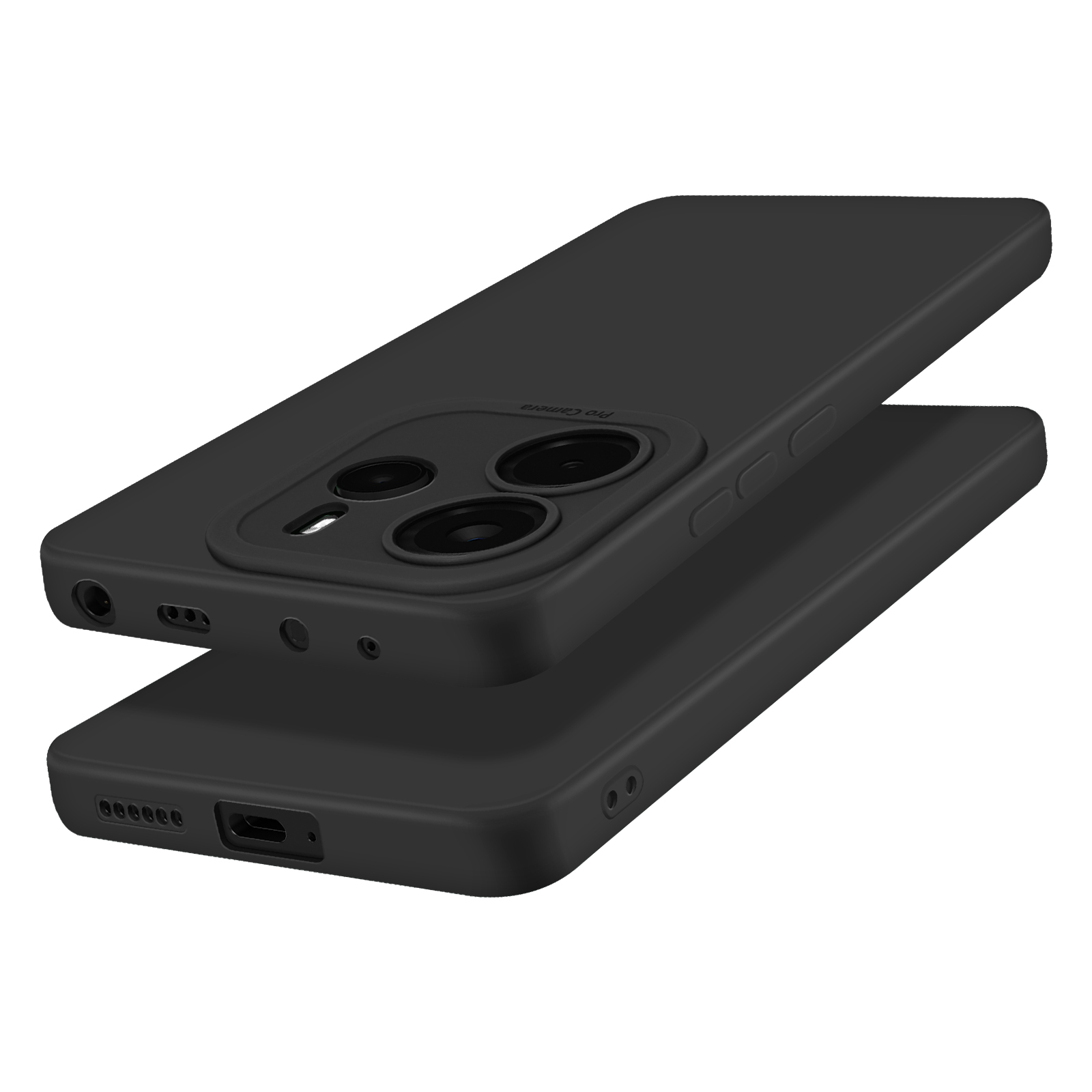 Coques de téléphone noires, empilées, avec découpes pour l'appareil photo.