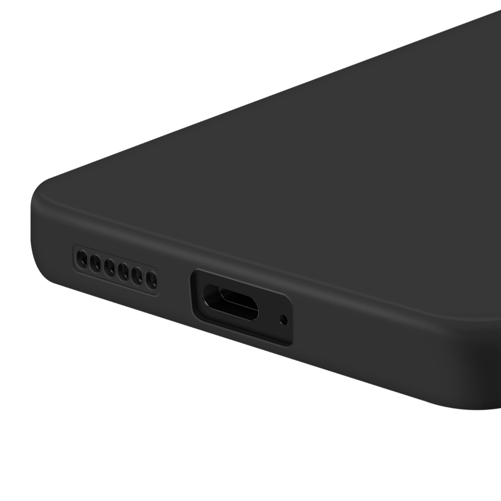 Gros plan sur le bas du téléphone noir avec haut-parleurs, port de charge et petits trous.