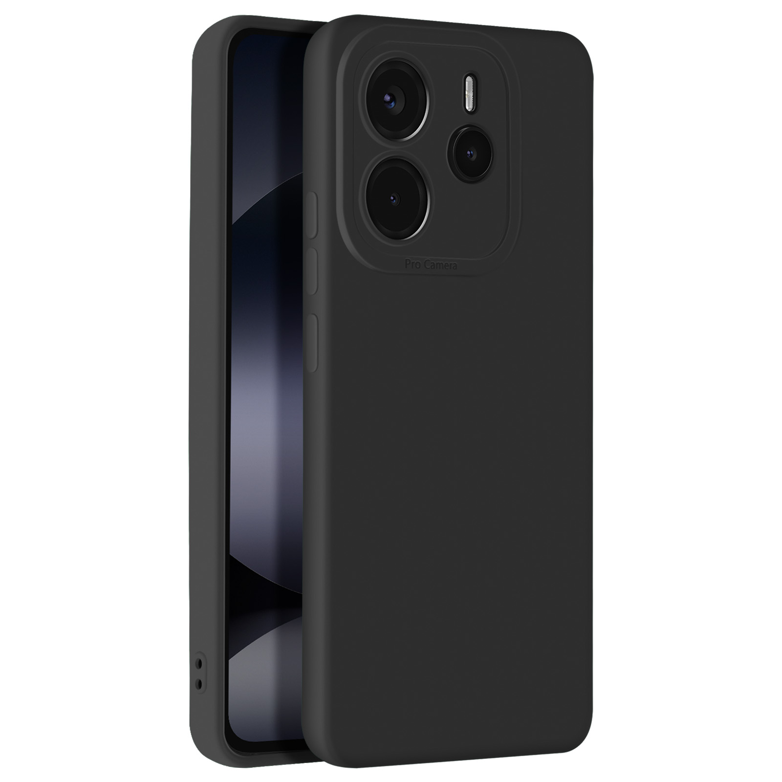 Coque de téléphone noire avec une découpe pour l'appareil photo, un téléphone est à l'intérieur.