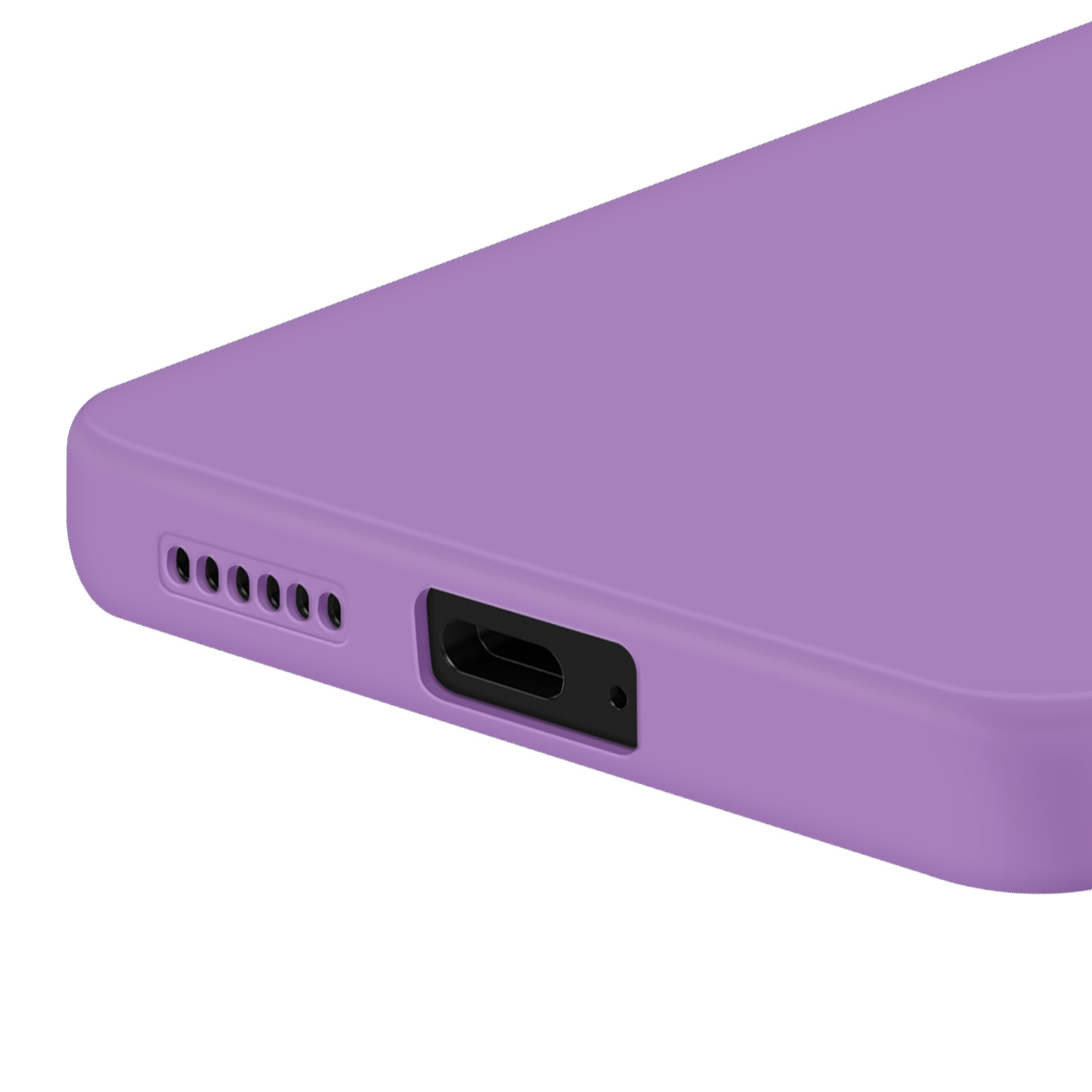 Primo piano della porta di ricarica e dei fori degli altoparlanti di un telefono viola.