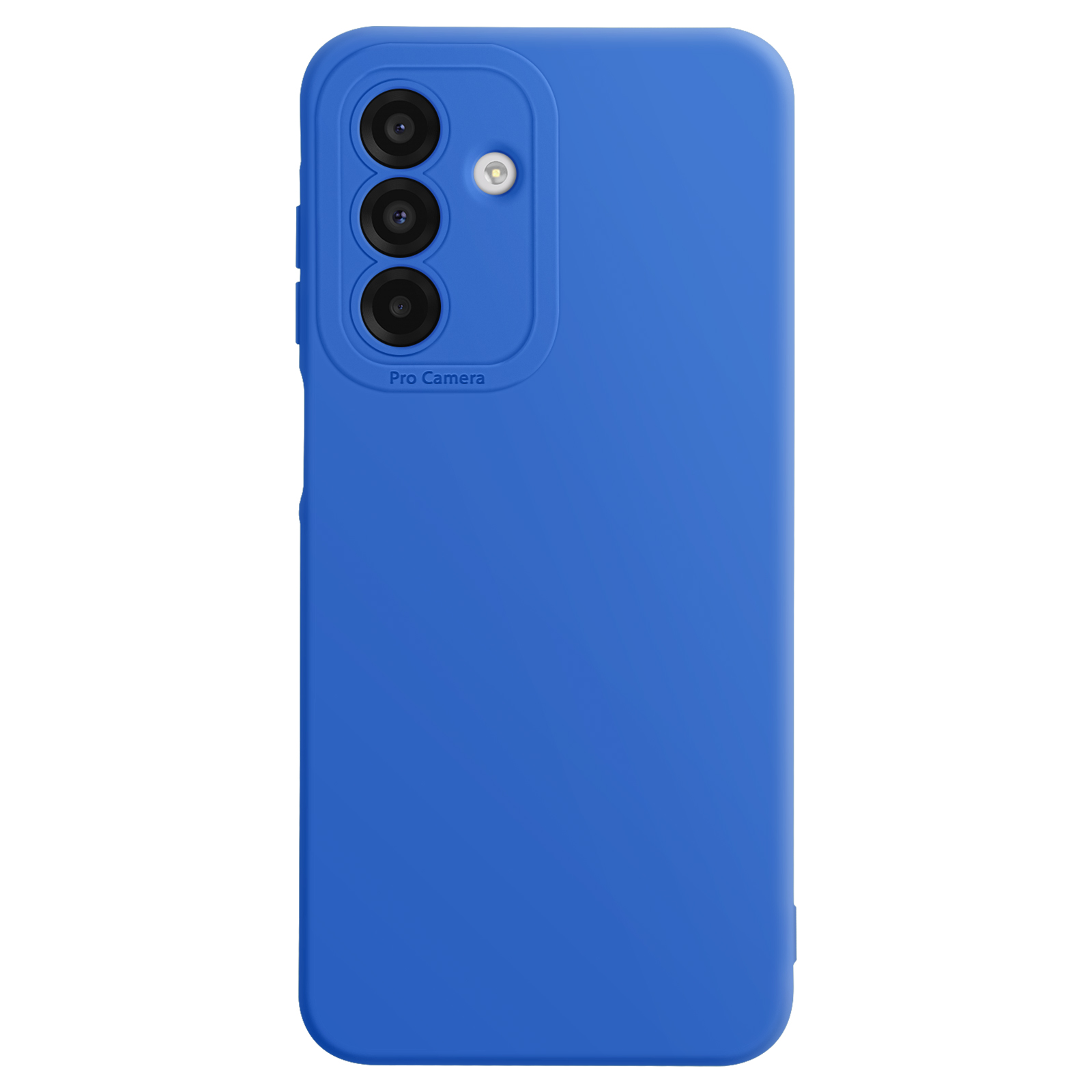 Custodia blu con tre lenti della fotocamera e testo 'Pro Camera'.