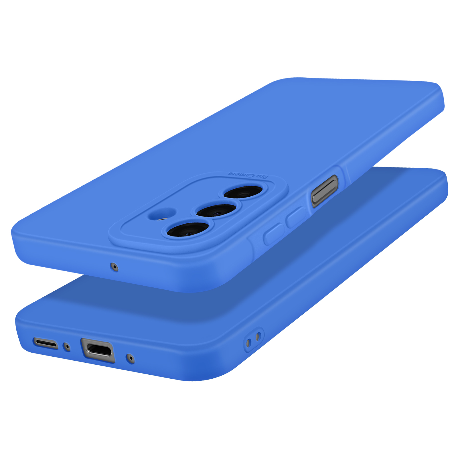 Custodia per telefono blu, due custodie impilate. L'area della fotocamera della custodia superiore è visibile.