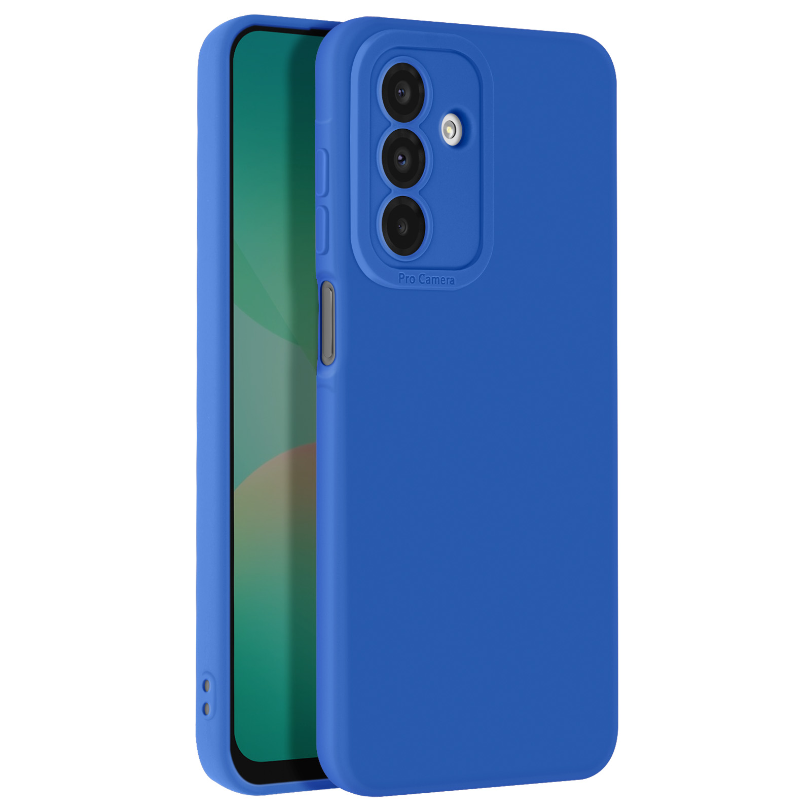 Custodia blu per telefono con ritaglio per fotocamera a tre lenti.
