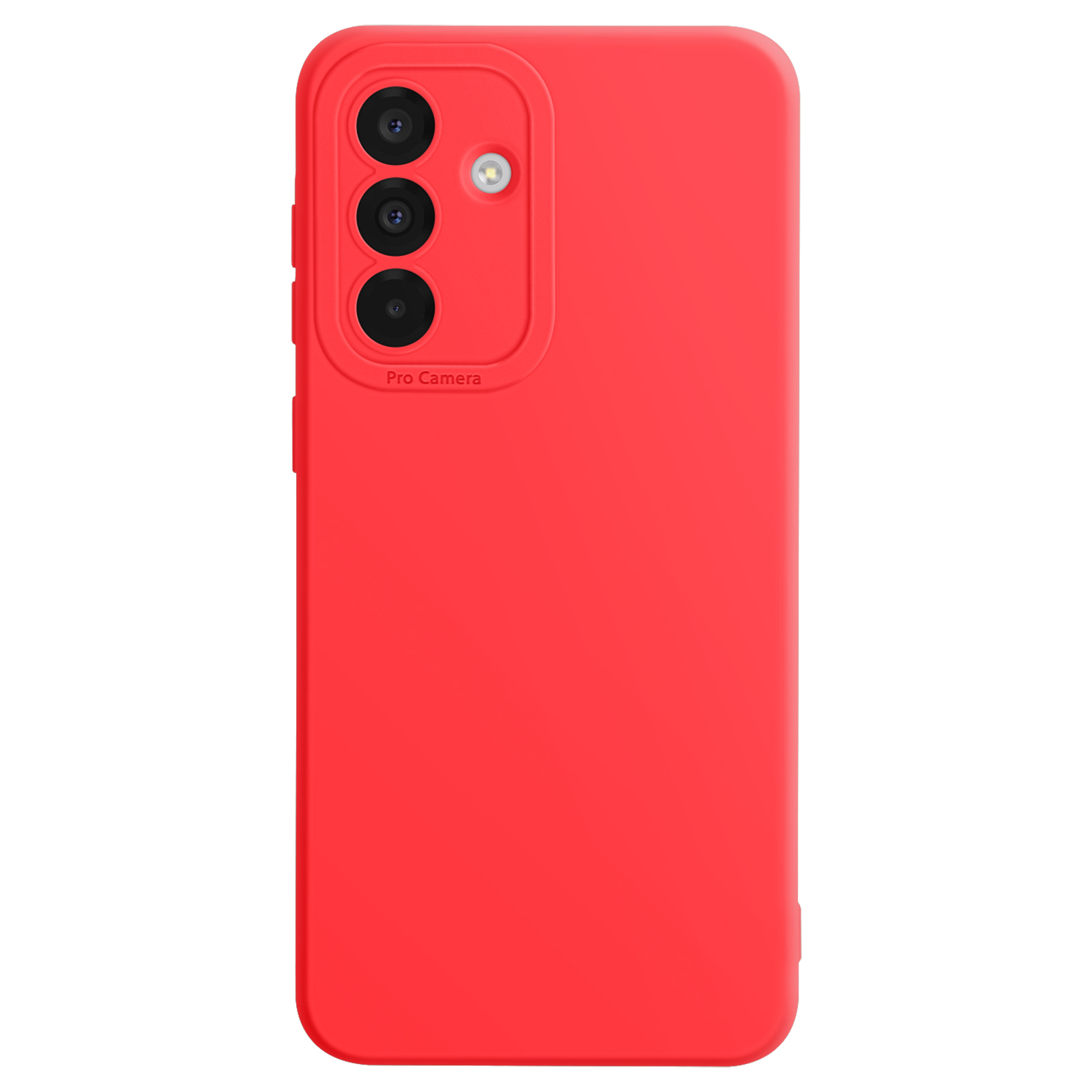 Rode telefoonhoes met drie cameralenzen en de woorden 'Pro Camera'.