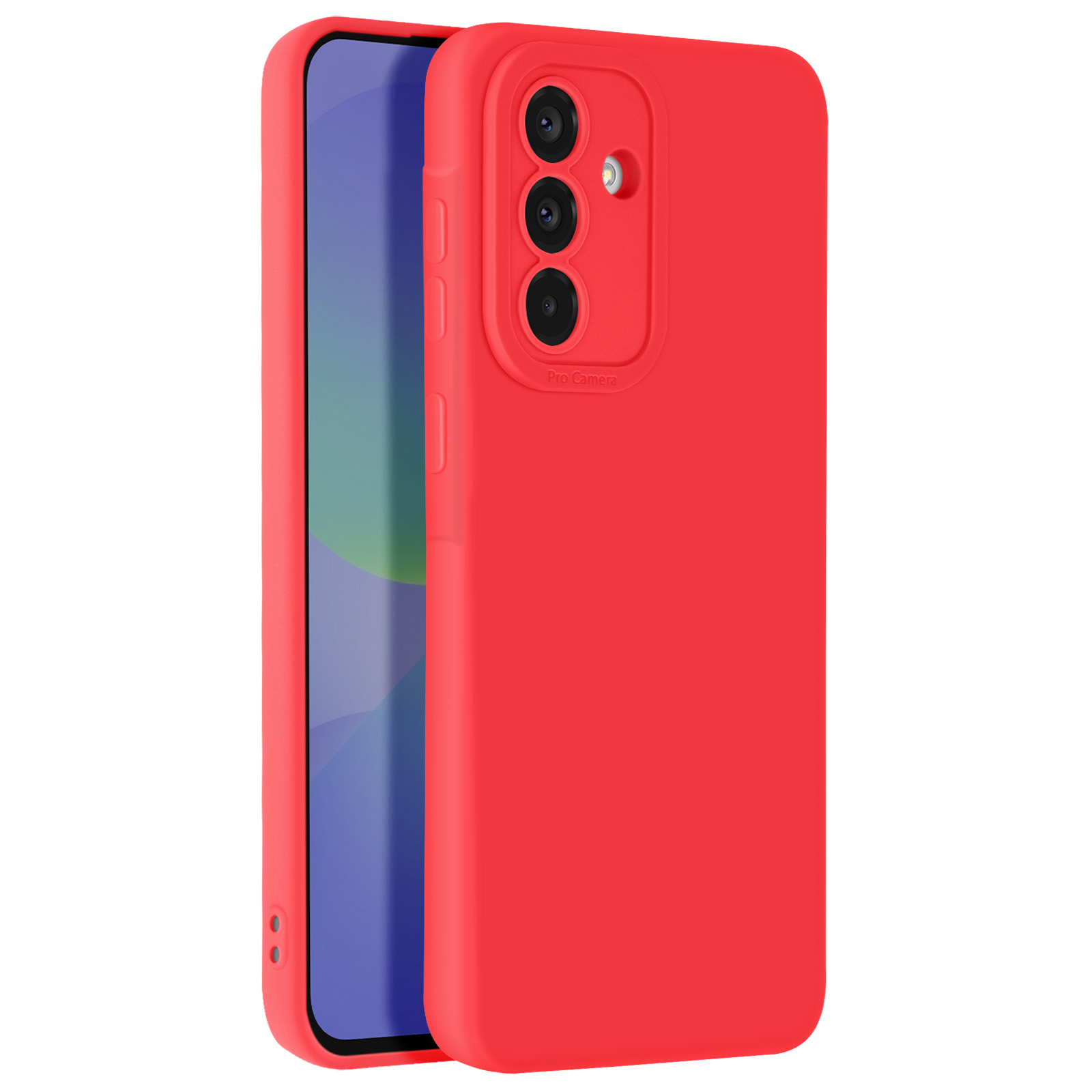 Rode telefoonhoes met drie cameralenzen en een Pro Camera label op blauw.
