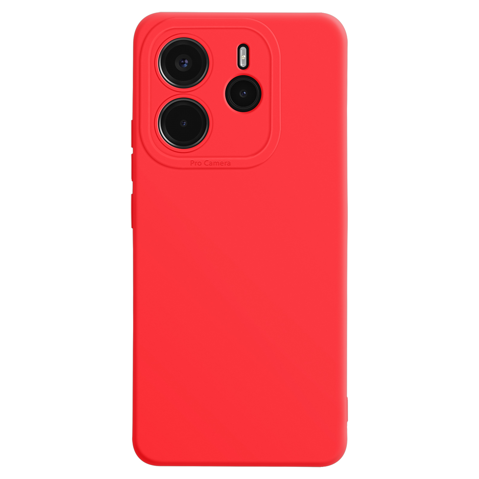 Una custodia rossa per telefono con tre lenti della fotocamera. La custodia è rosso pieno.