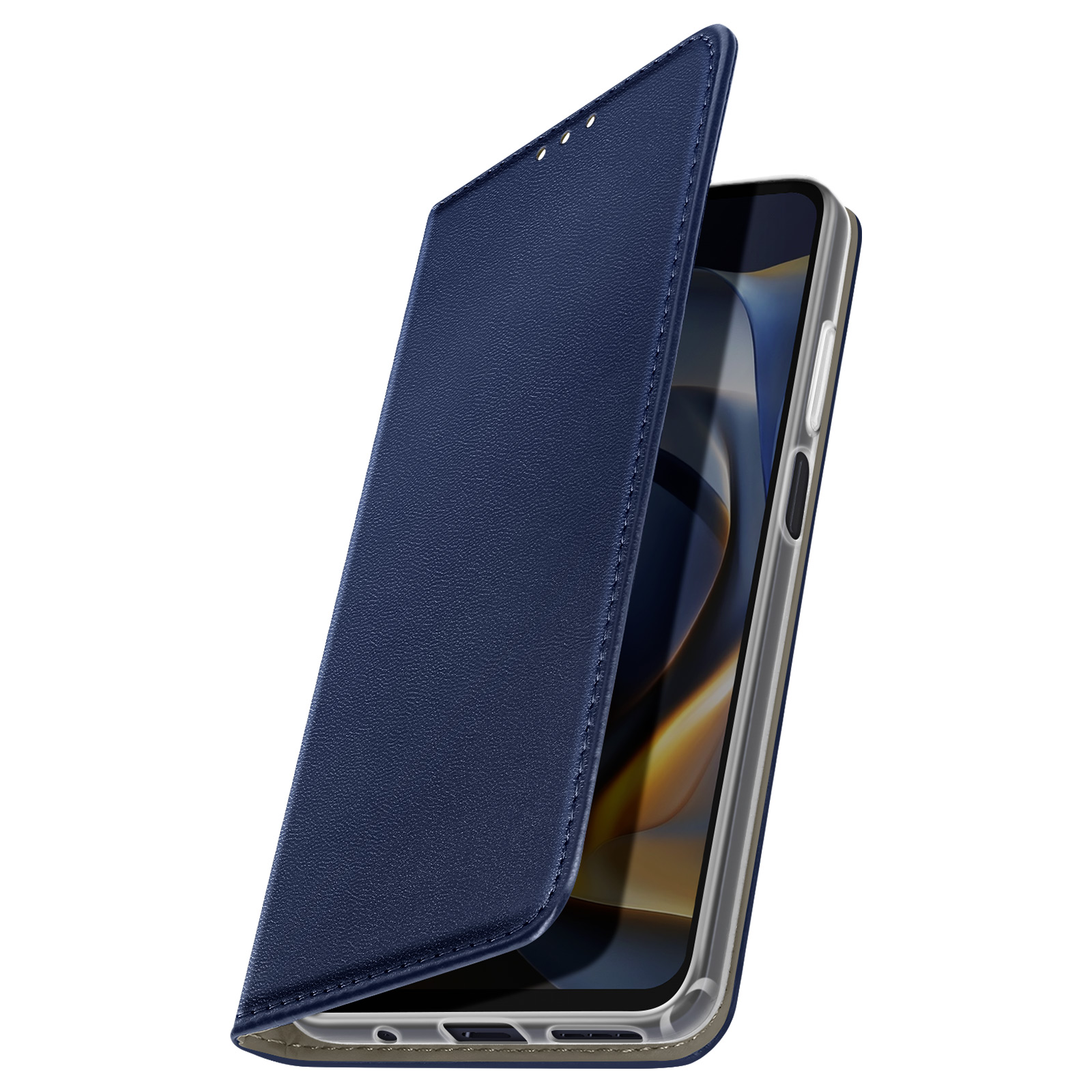 Custodia per telefono in pelle blu con un telefono all'interno, aperta. Lo sfondo è bianco.