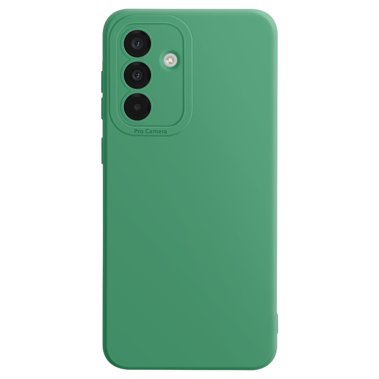 Groene telefoonhoes met drie cameralenzen. De hoes staat op een witte achtergrond.