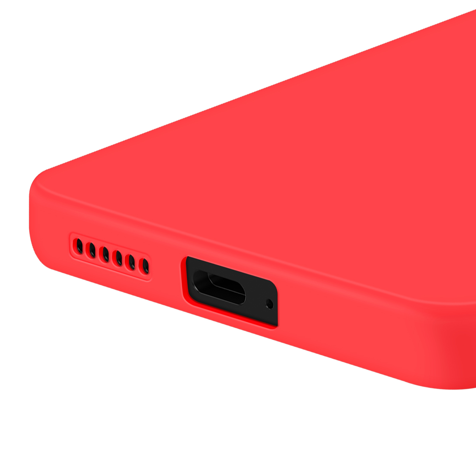 Primo piano del lato di un telefono rosso, che mostra una porta di ricarica e fori per altoparlanti.