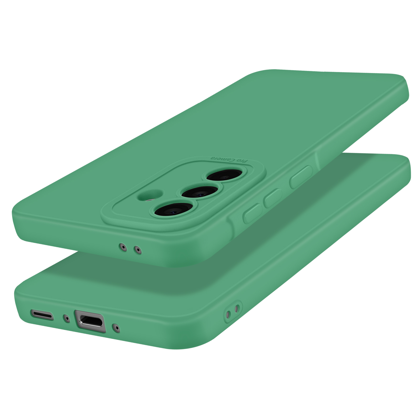 Groene telefoonhoes met drie cameralenzen. Een andere hoes eronder.