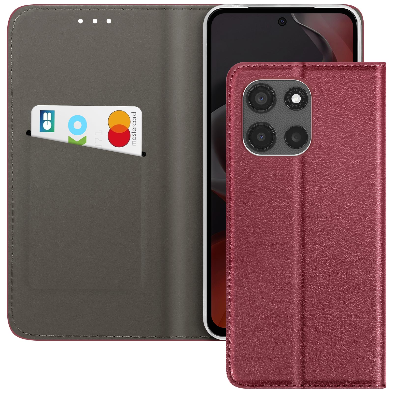 Eine rote Handyhülle mit Telefon, Karte in der Tasche und schwarzem Bildschirm.