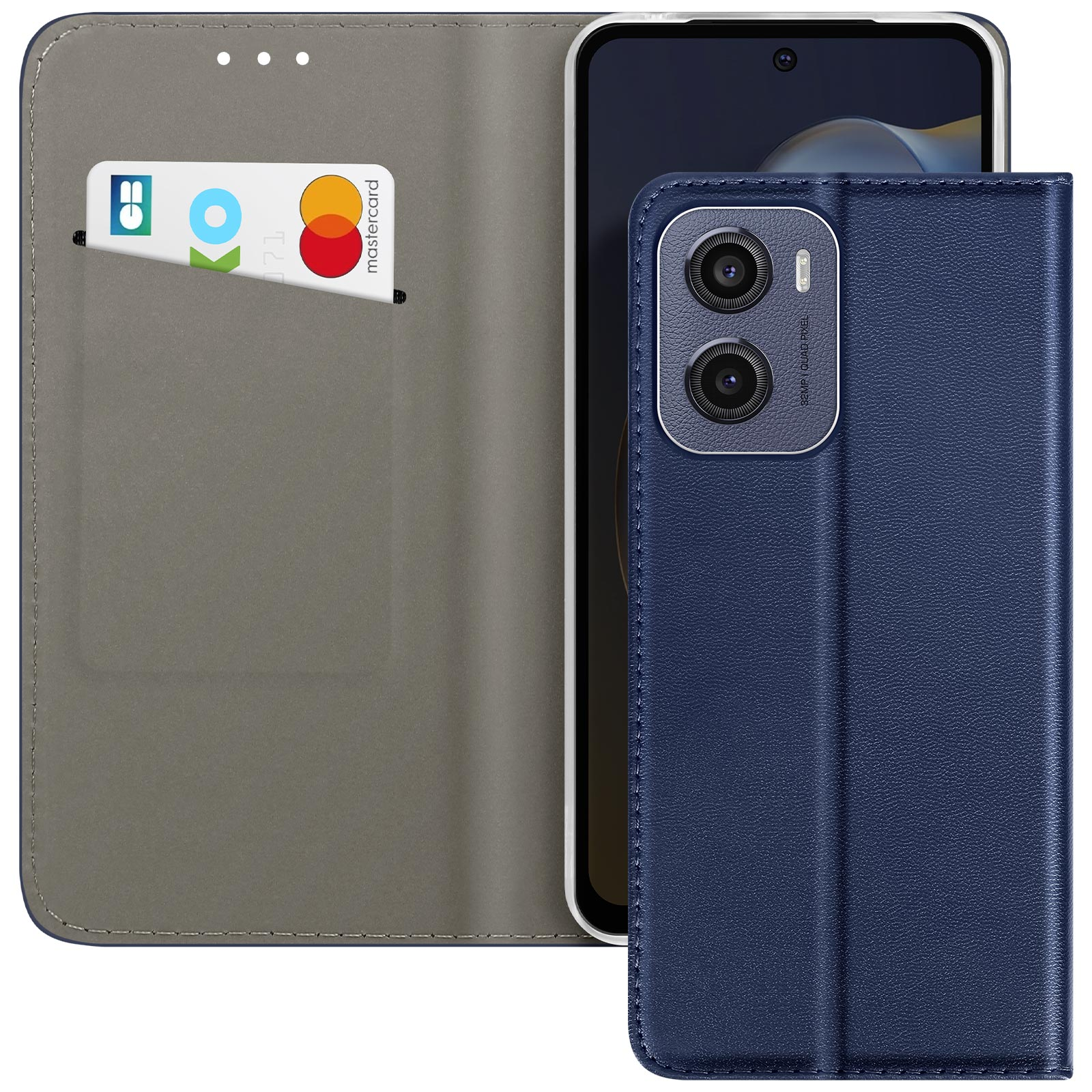 Custodia per telefono blu con Mastercard e carta di credito all'interno. Un telefono è inserito.